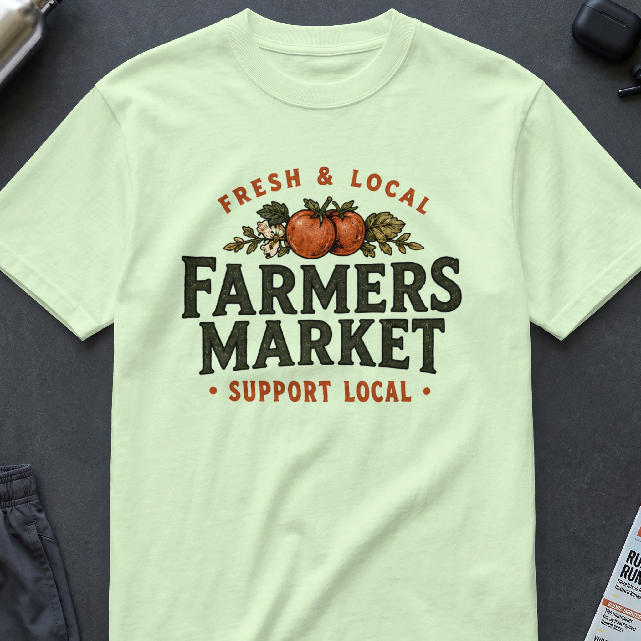 Light green t-shirt with "Fresh & Local Farmers Market Support Local" text and tomatoes.