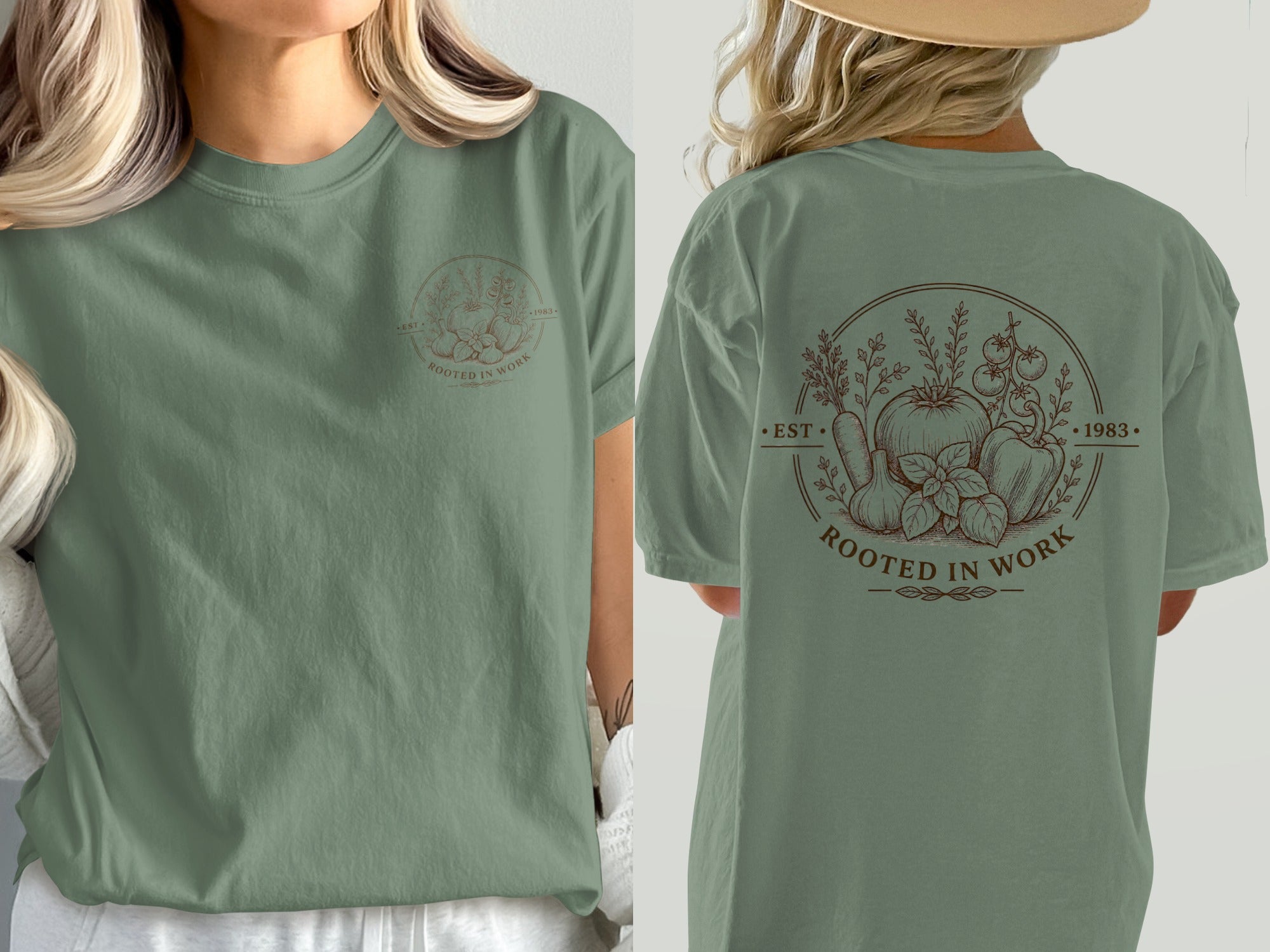 Green t-shirt with a circular brown graphic of vegetables and text "ROOTED IN WORK".