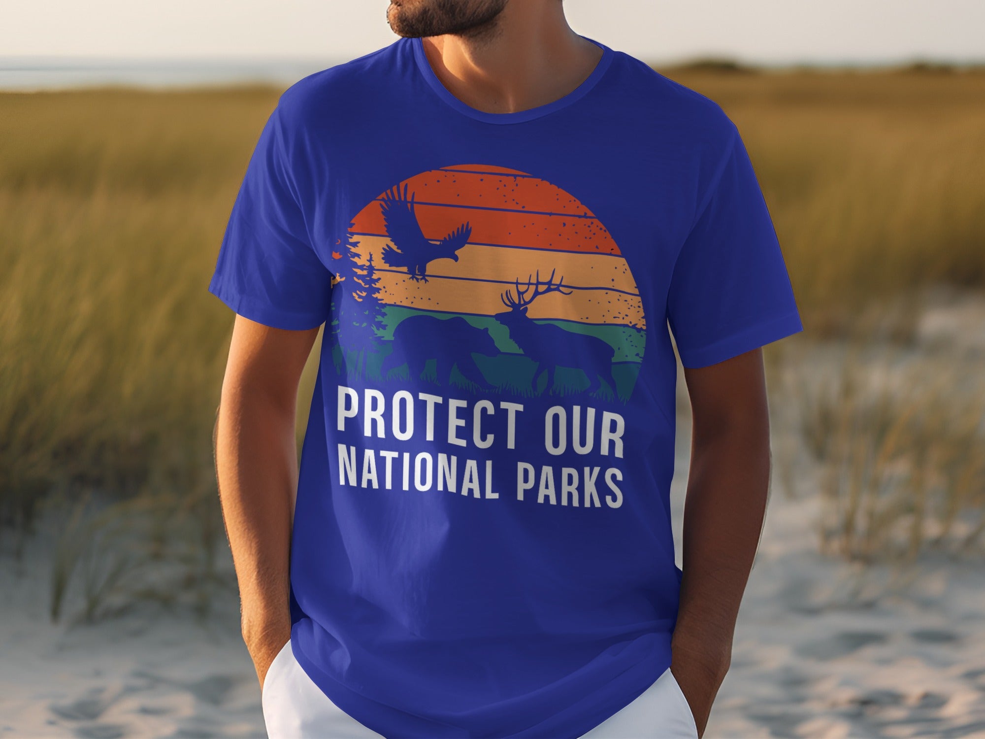 Blue t-shirt with "Protect Our National Parks" text and nature graphic.