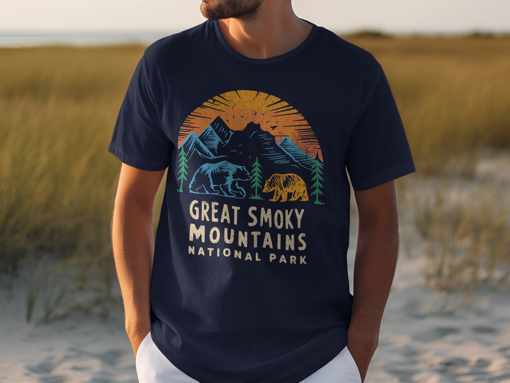 Dark blue t-shirt with "Great Smoky Mountains National Park" and bear graphic.