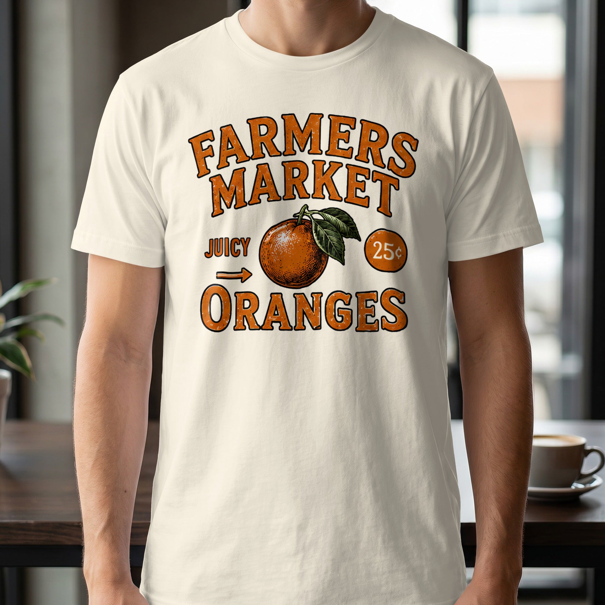 Farmers Market Juicy Oranges graphic with a single orange and text.