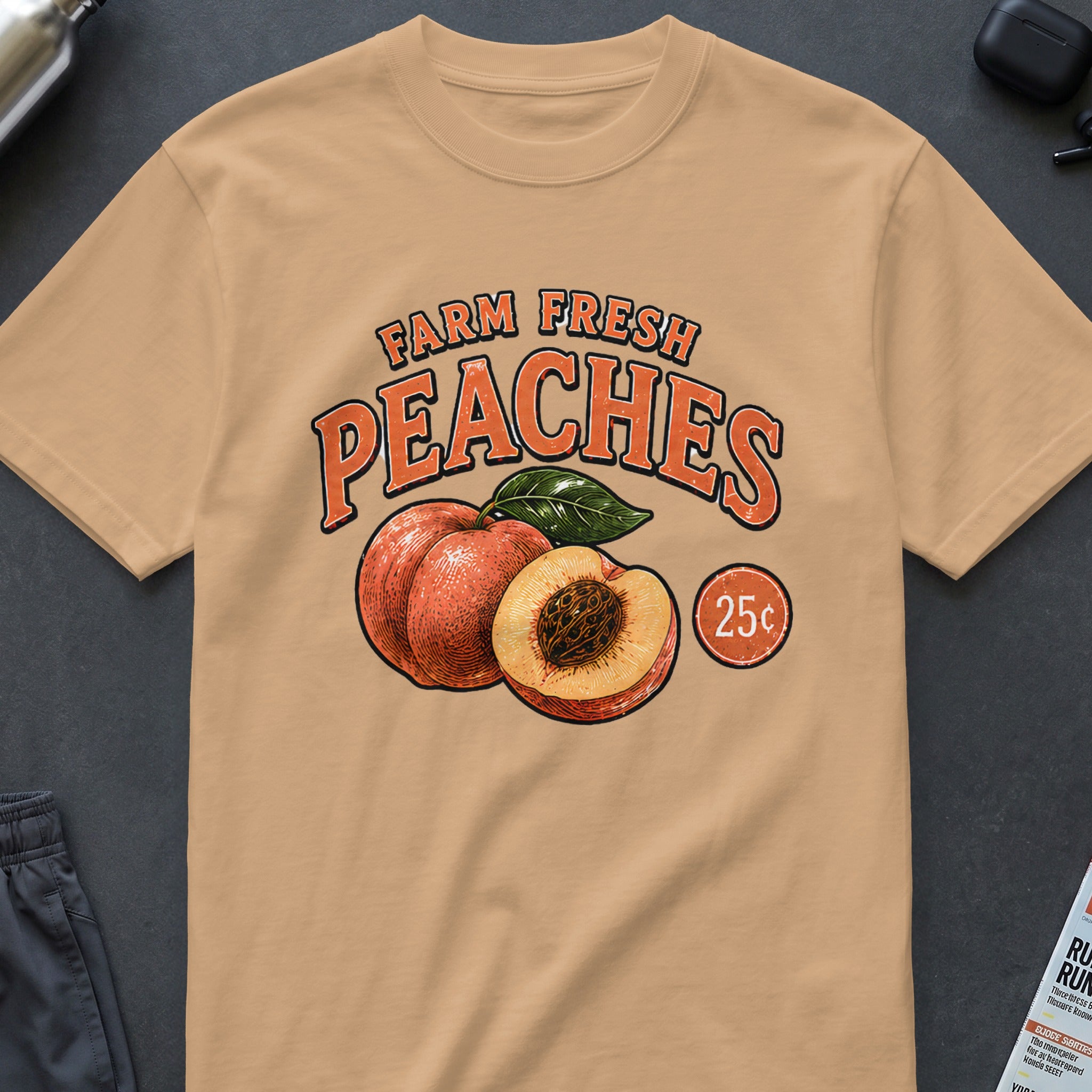 Peach graphic with "Farm Fresh Peaches 25c" text on a tan t-shirt.