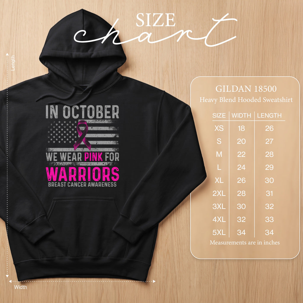 Black GILDAN 18500 hooded sweatshirt with breast cancer awareness graphic and size chart.