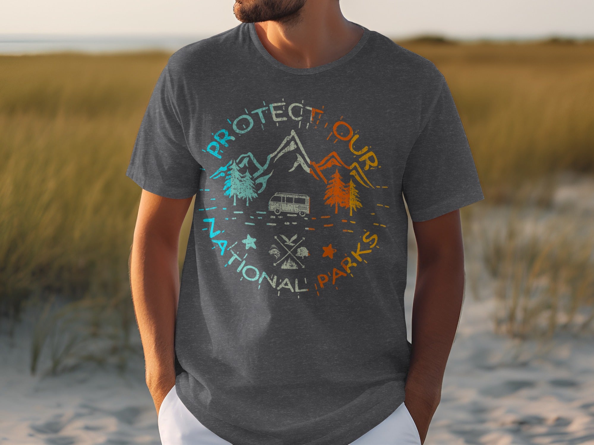 T-shirt with "Protect Our National Parks" text, mountains, trees, and a van graphic.