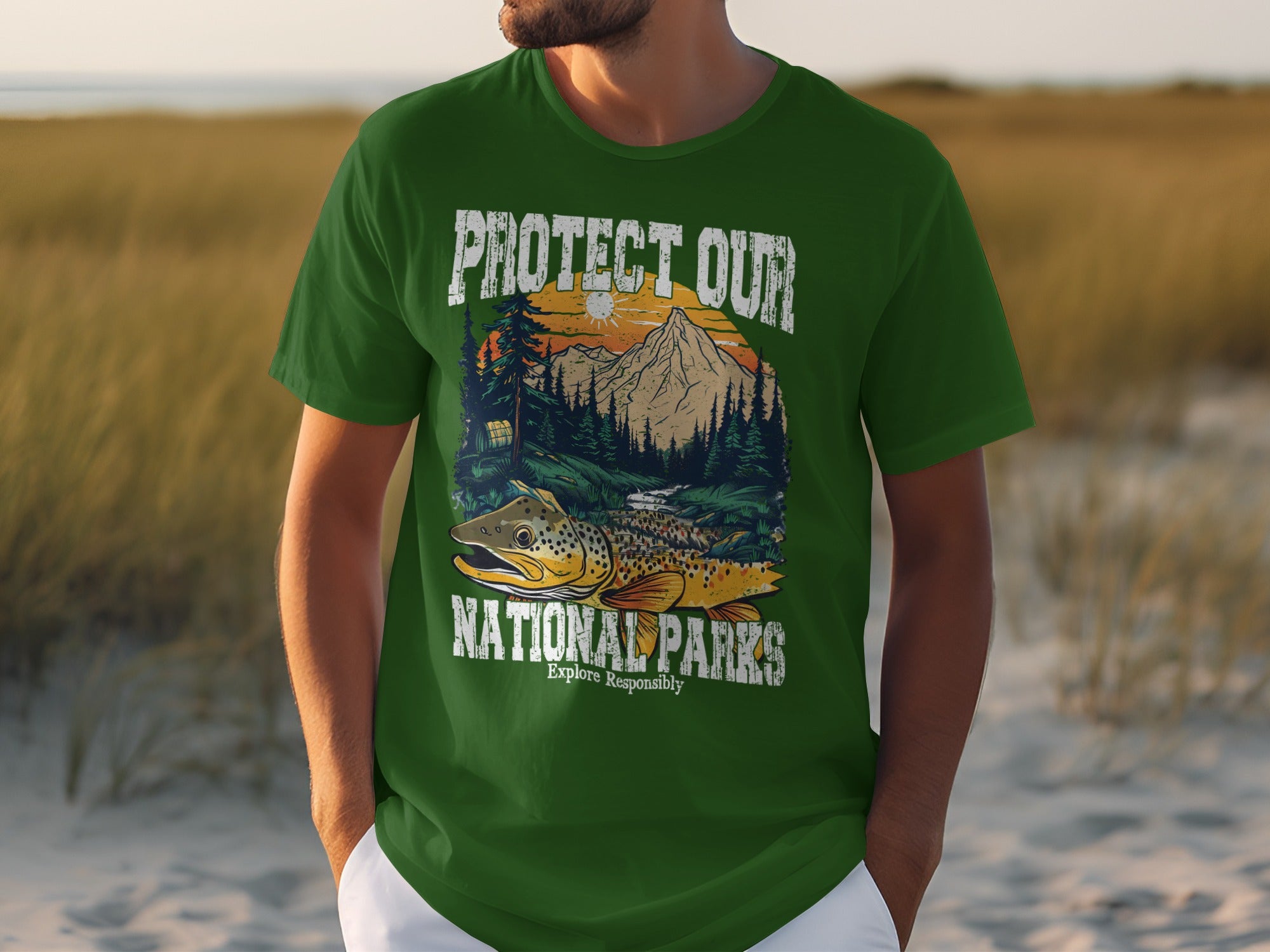 Green t-shirt with "Protect Our National Parks" text and a trout graphic.