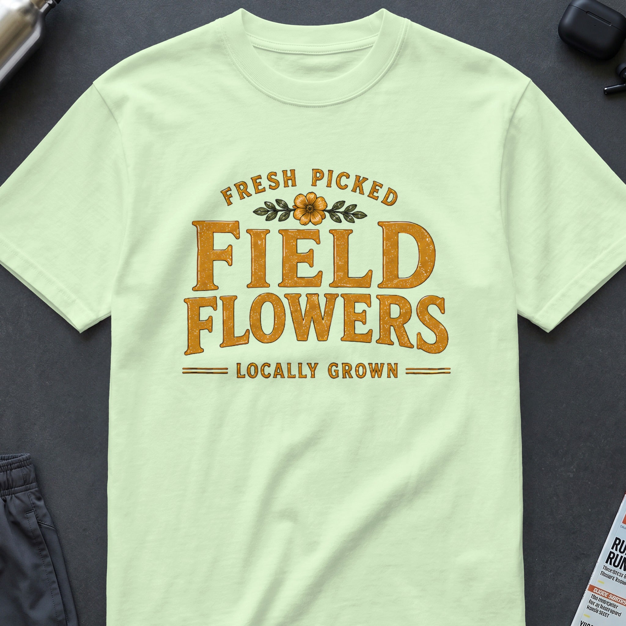 Light green t-shirt with orange text "Fresh Picked Field Flowers Locally Grown".