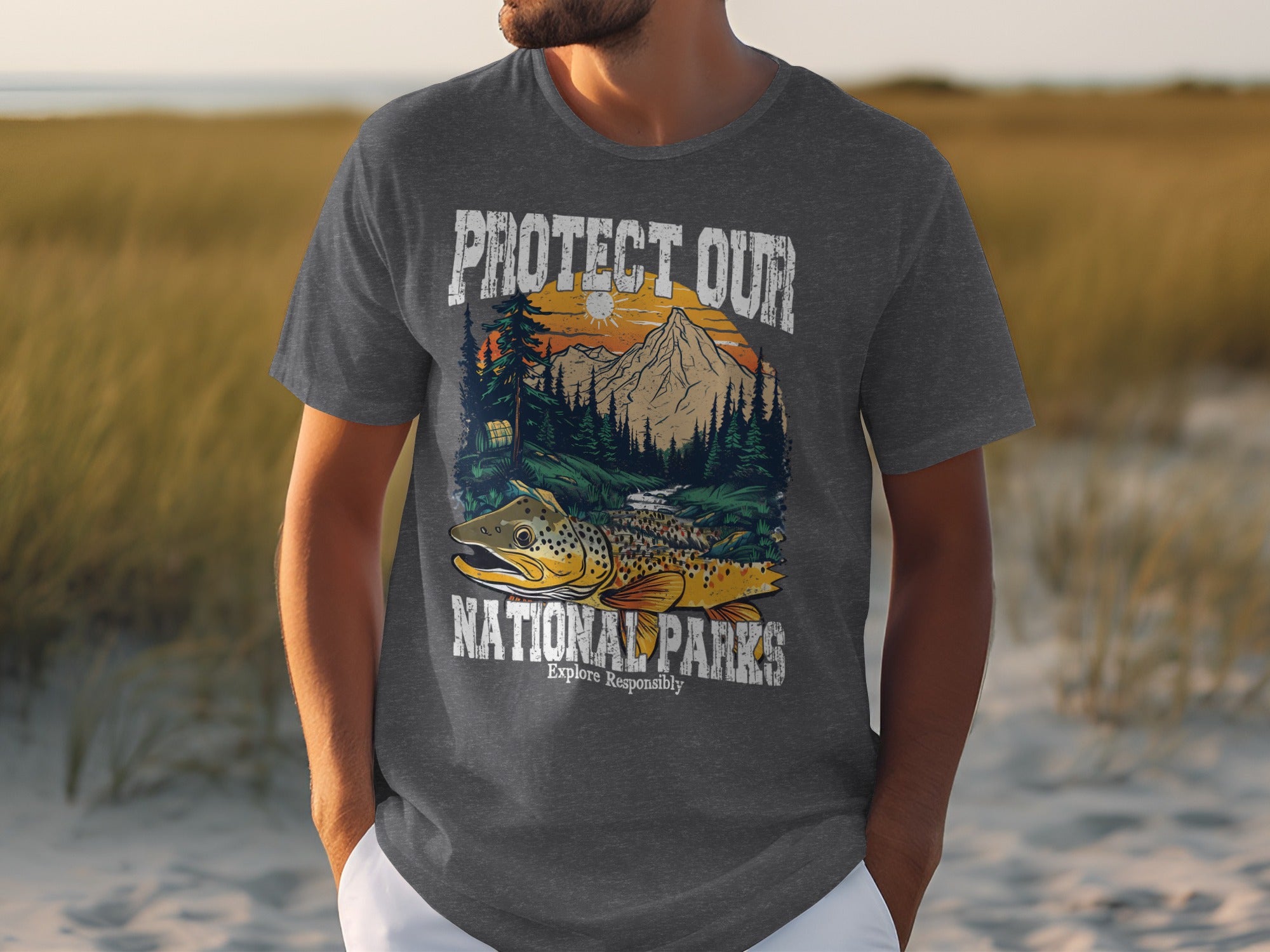 Dark gray t-shirt with "Protect Our National Parks" text and trout graphic.