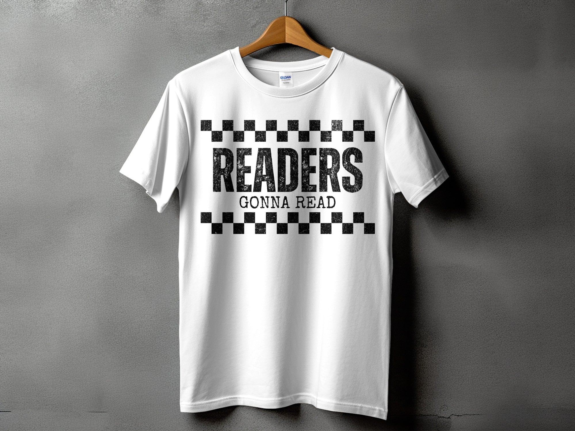 White t-shirt with "Readers Gonna Read" text and checkered borders.