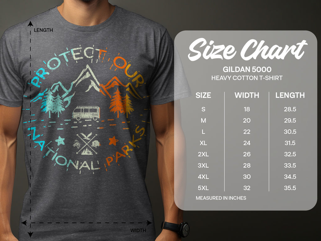 Gildan 5000 Heavy Cotton T-shirt size chart with garment measurements.