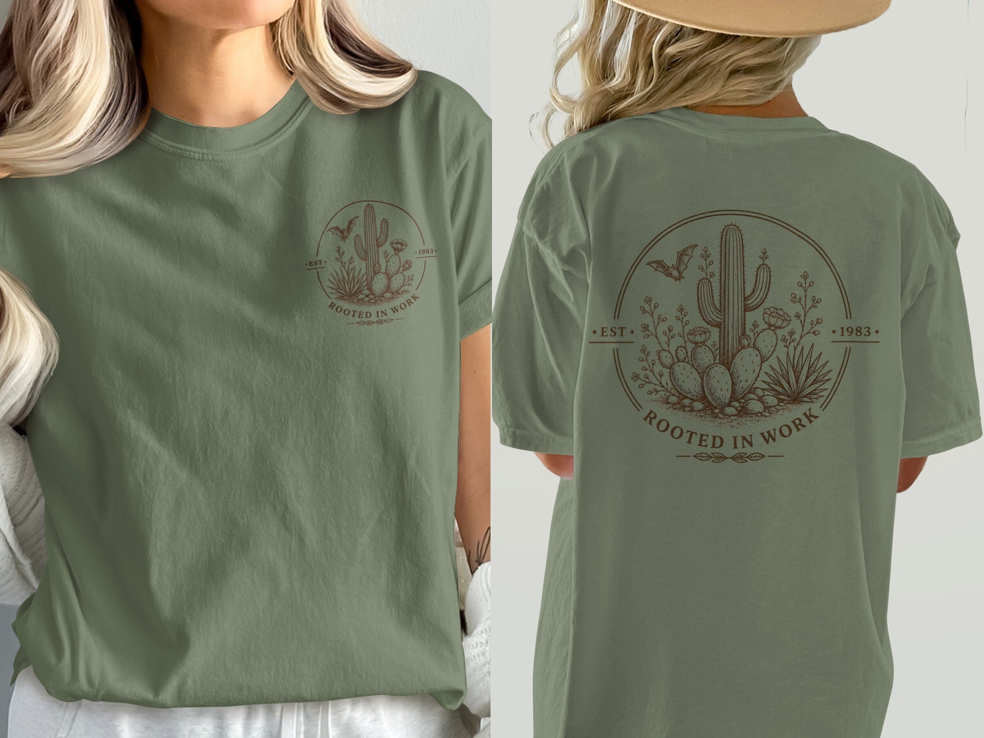 Green t-shirt with a circular desert graphic featuring cacti, a bat, rocks, and text.