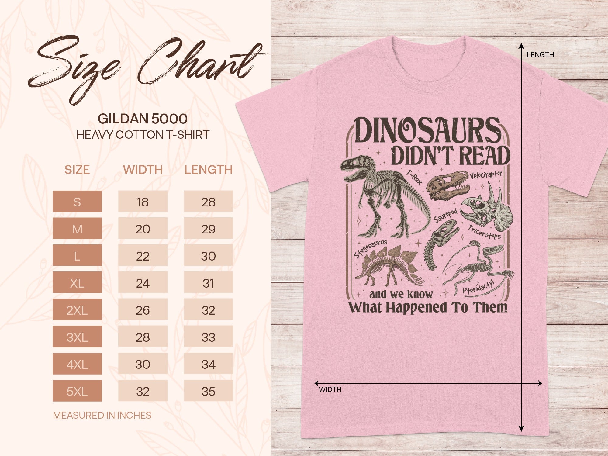 Gildan 5000 heavy cotton t-shirt size chart with dinosaur graphics.