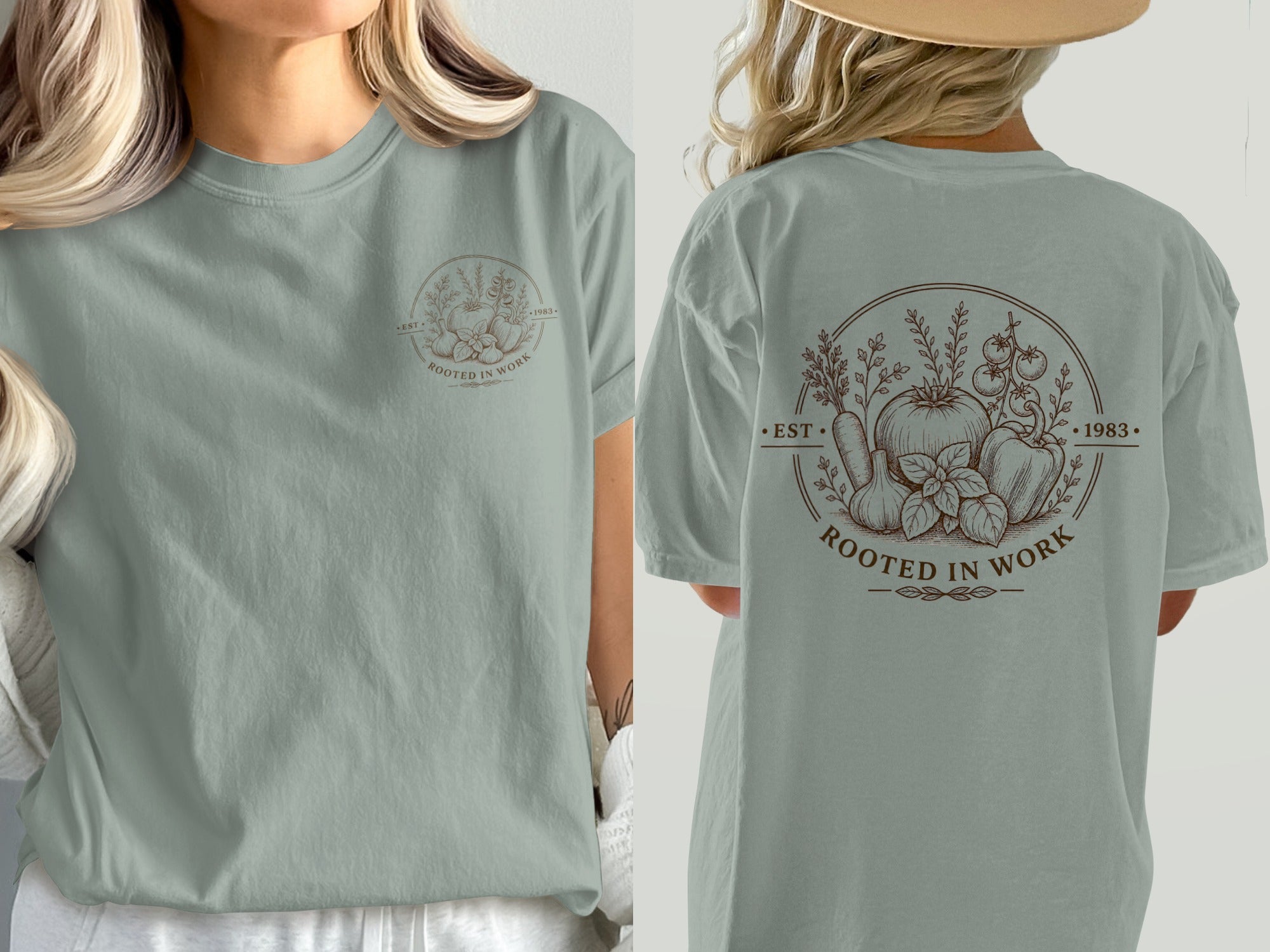 Green t-shirt with "Rooted in Work" gardening graphic and "Est. 1983" text.