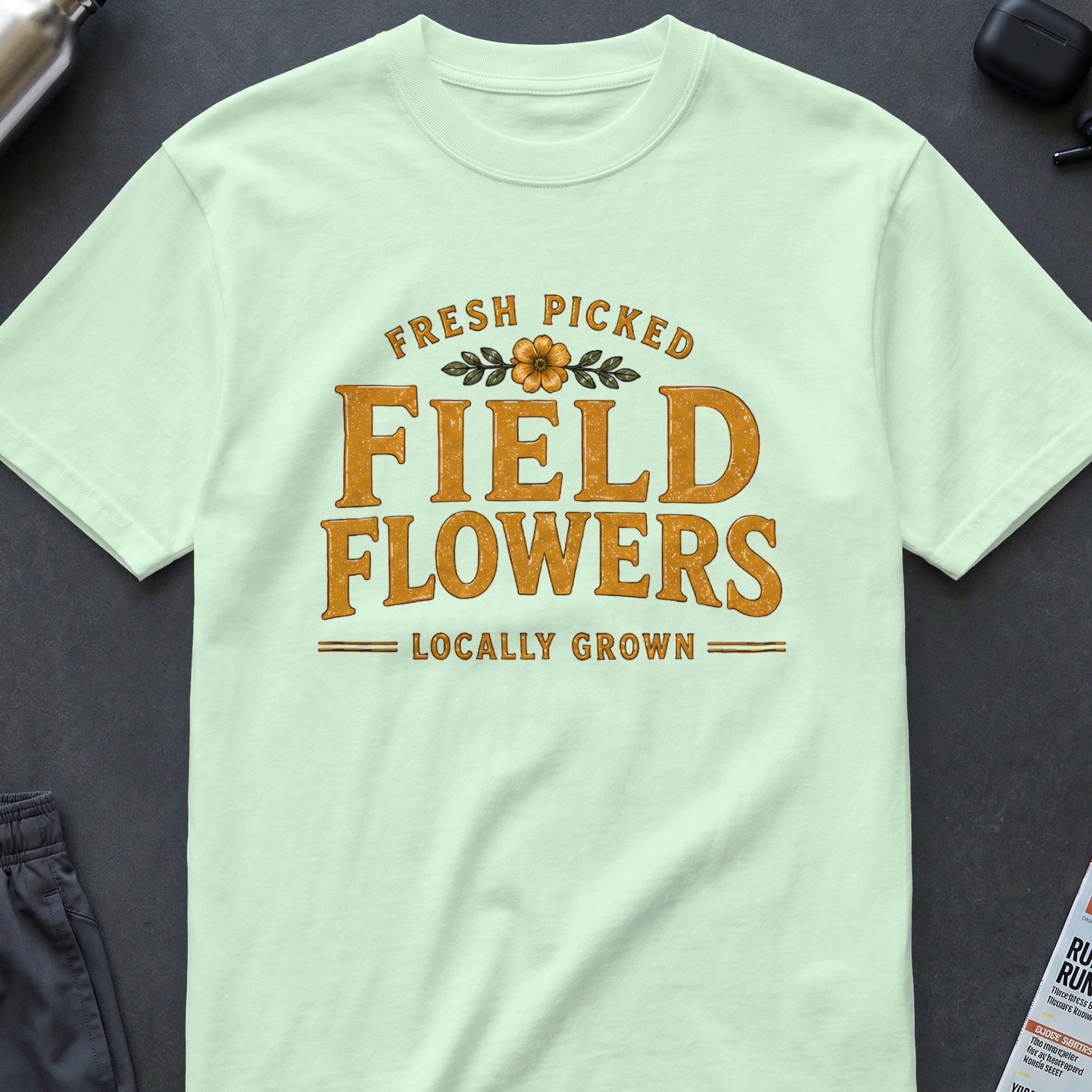 Light green t-shirt with "FRESH PICKED FIELD FLOWERS LOCALLY GROWN" text.
