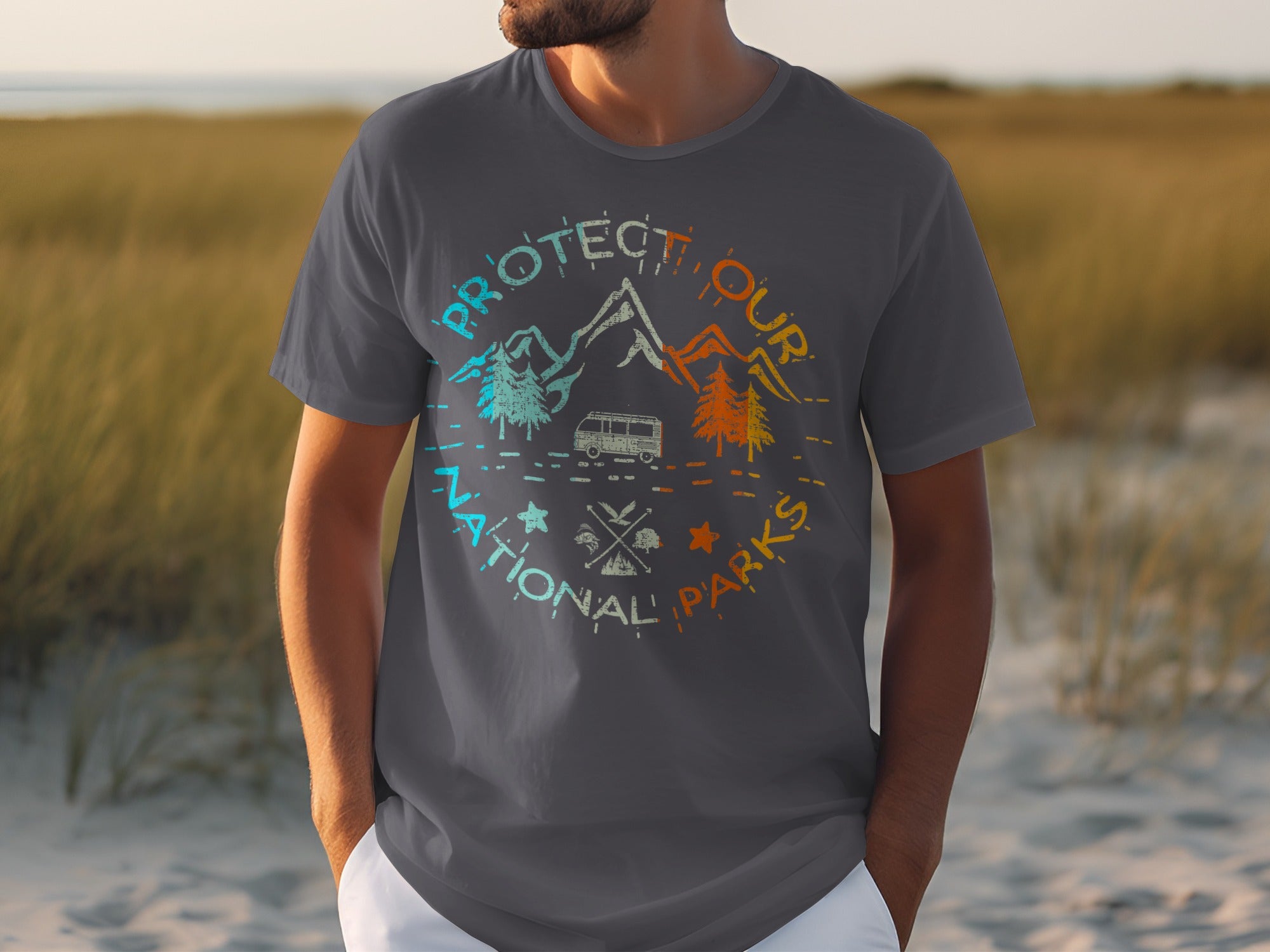 Dark grey t-shirt with "Protect Our National Parks" circular graphic featuring mountains and a camper van.
