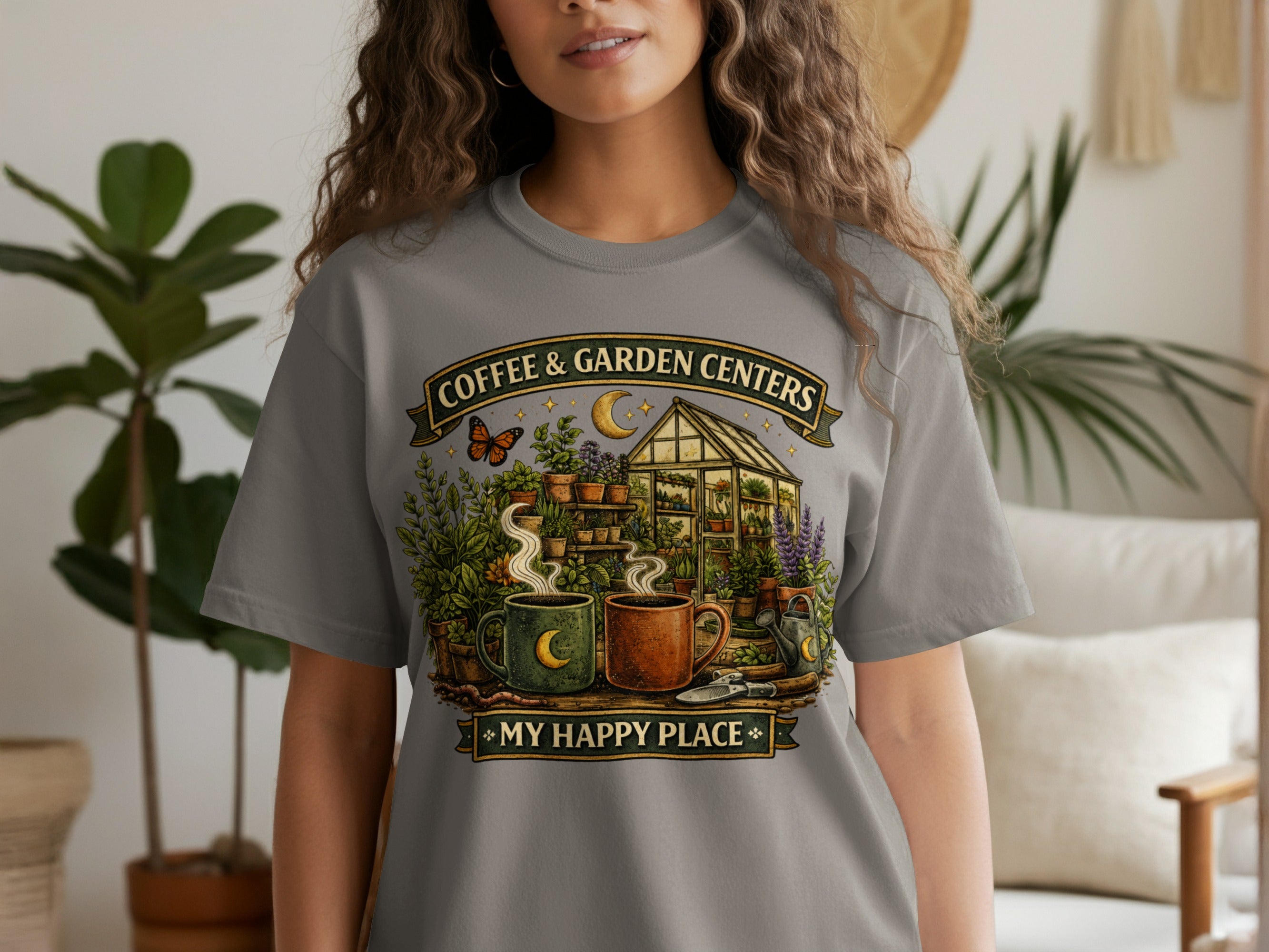 T-shirt design with coffee cups, greenhouse, plants, watering can, and text "Coffee & Garden Centers My Happy Place".