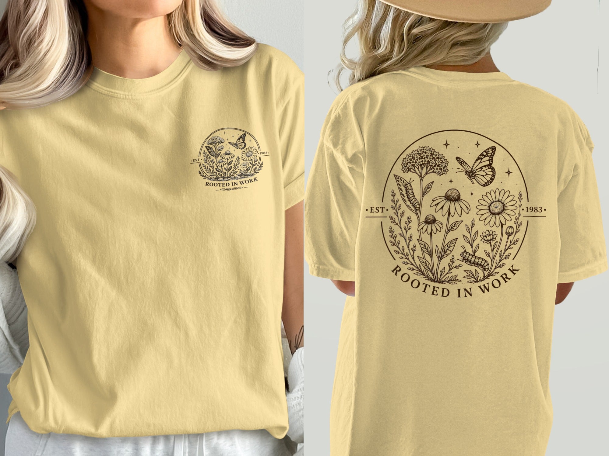 Yellow t-shirt with an embroidered design of flowers and a butterfly, reading "Rooted in Work".