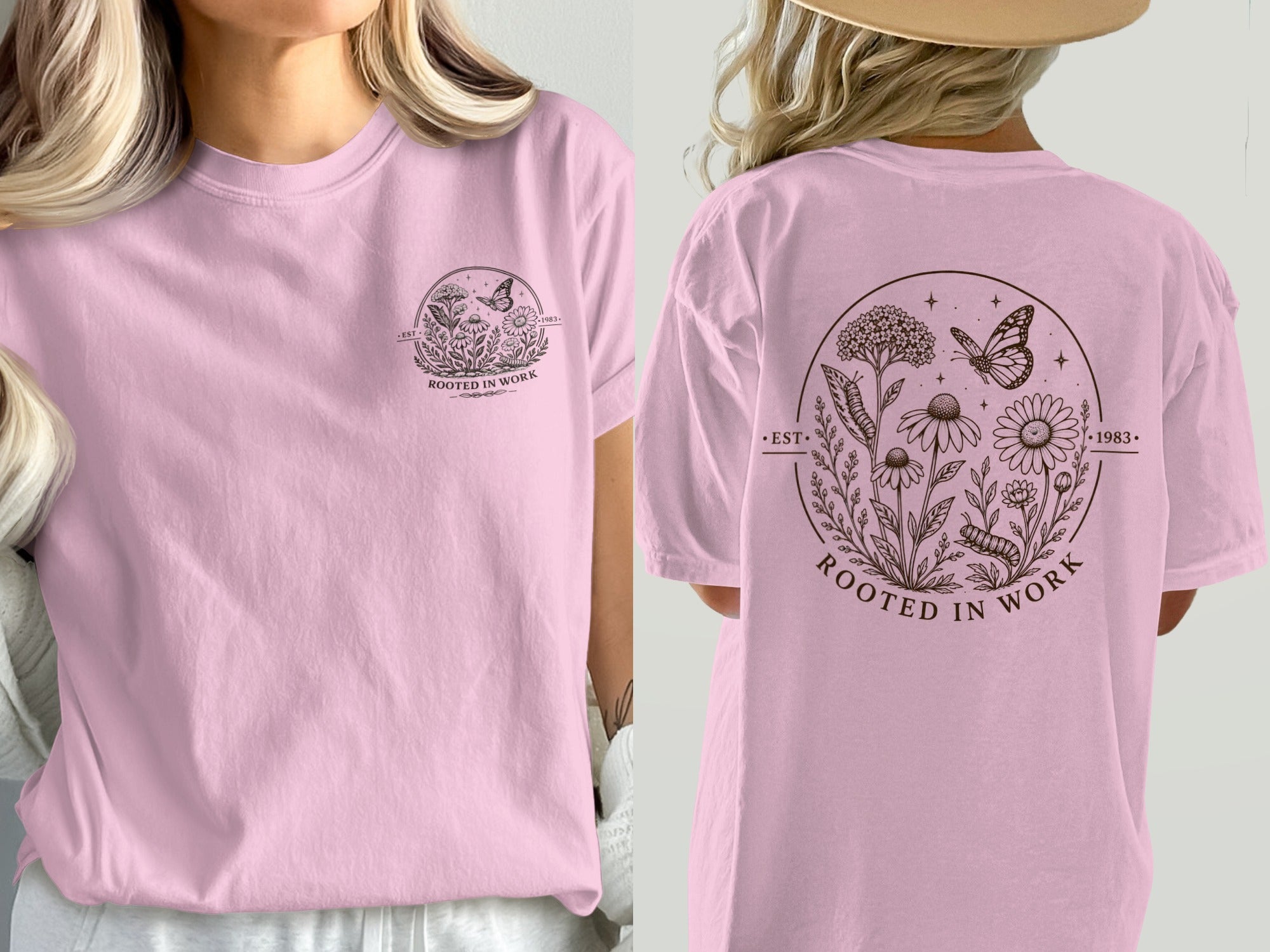Pink t-shirt with circular floral and butterfly graphic saying "Rooted in Work".