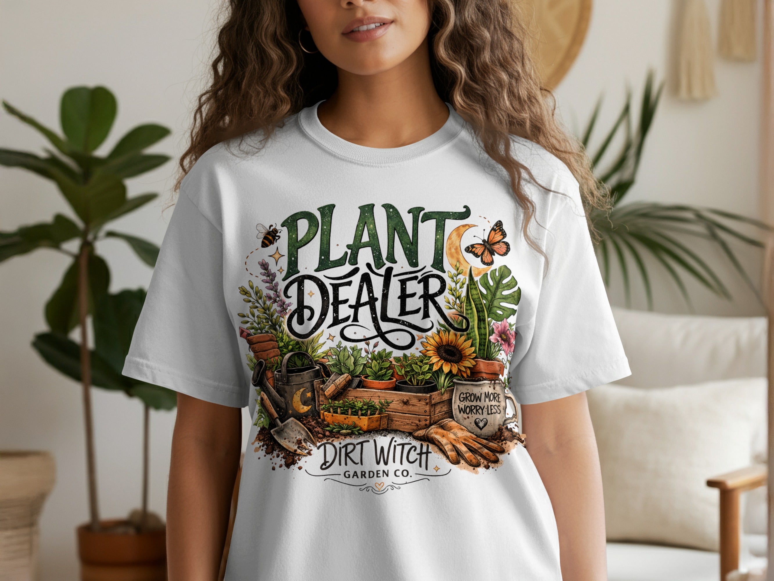 White t-shirt graphic: "PLANT DEALER" with garden imagery, "GROW MORE WORRY LESS".