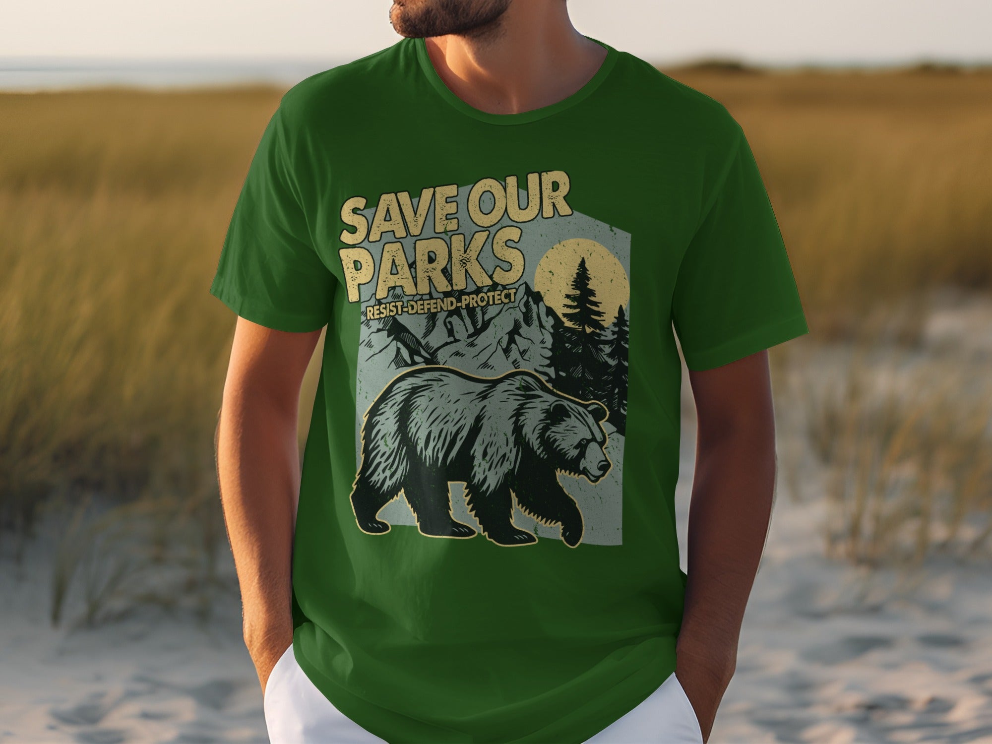 Green t-shirt with "Save Our Parks" text, a bear and mountain graphic.