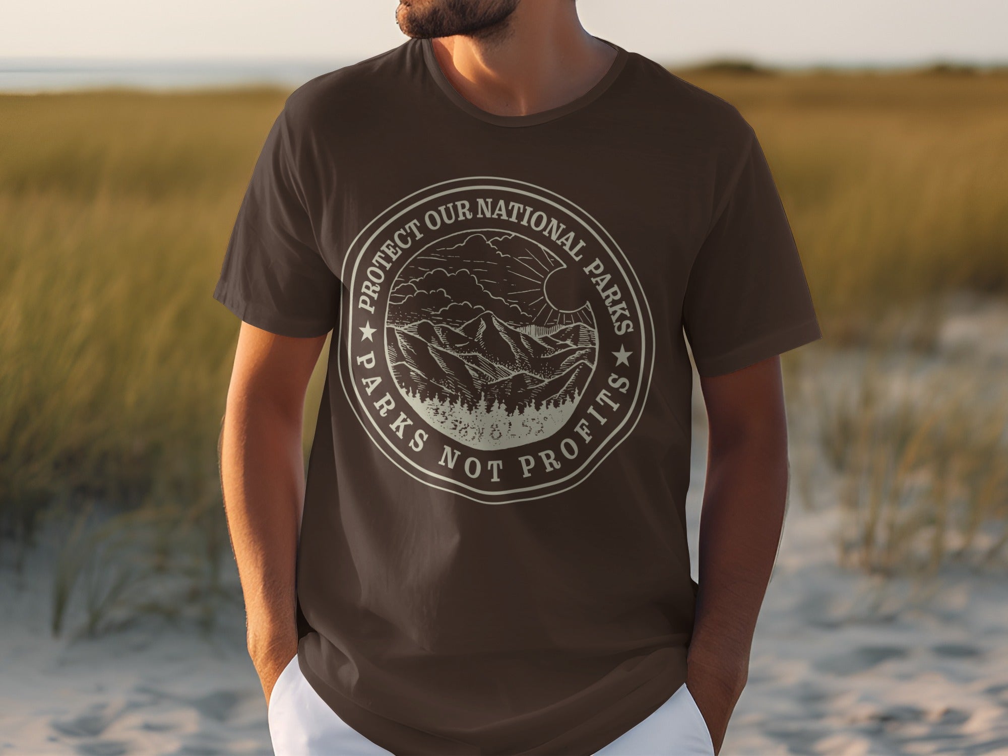 Brown t-shirt with "Protect our National Parks Not Profits" circular graphic.