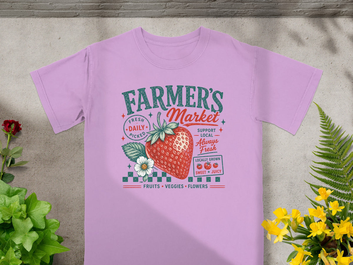 Farmer's Market graphic with strawberry, flowers, and text including "Always Fresh."