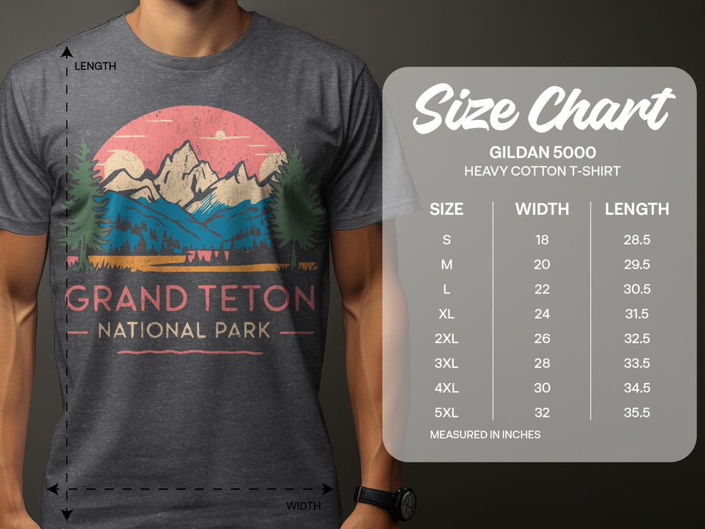 Grand Teton National Park graphic tee with a size chart showing width and length measurements.