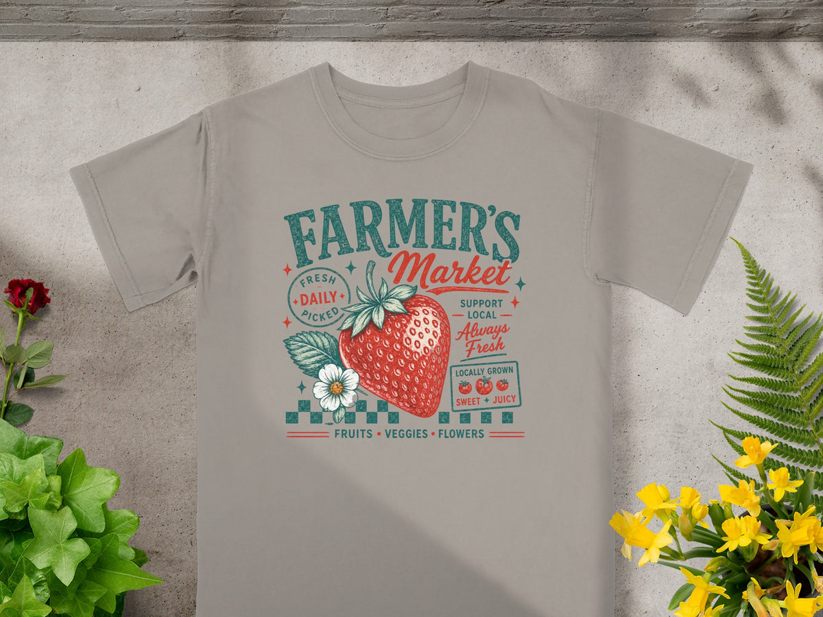 T-shirt with "Farmer's Market" graphic featuring strawberry, flower, and text.