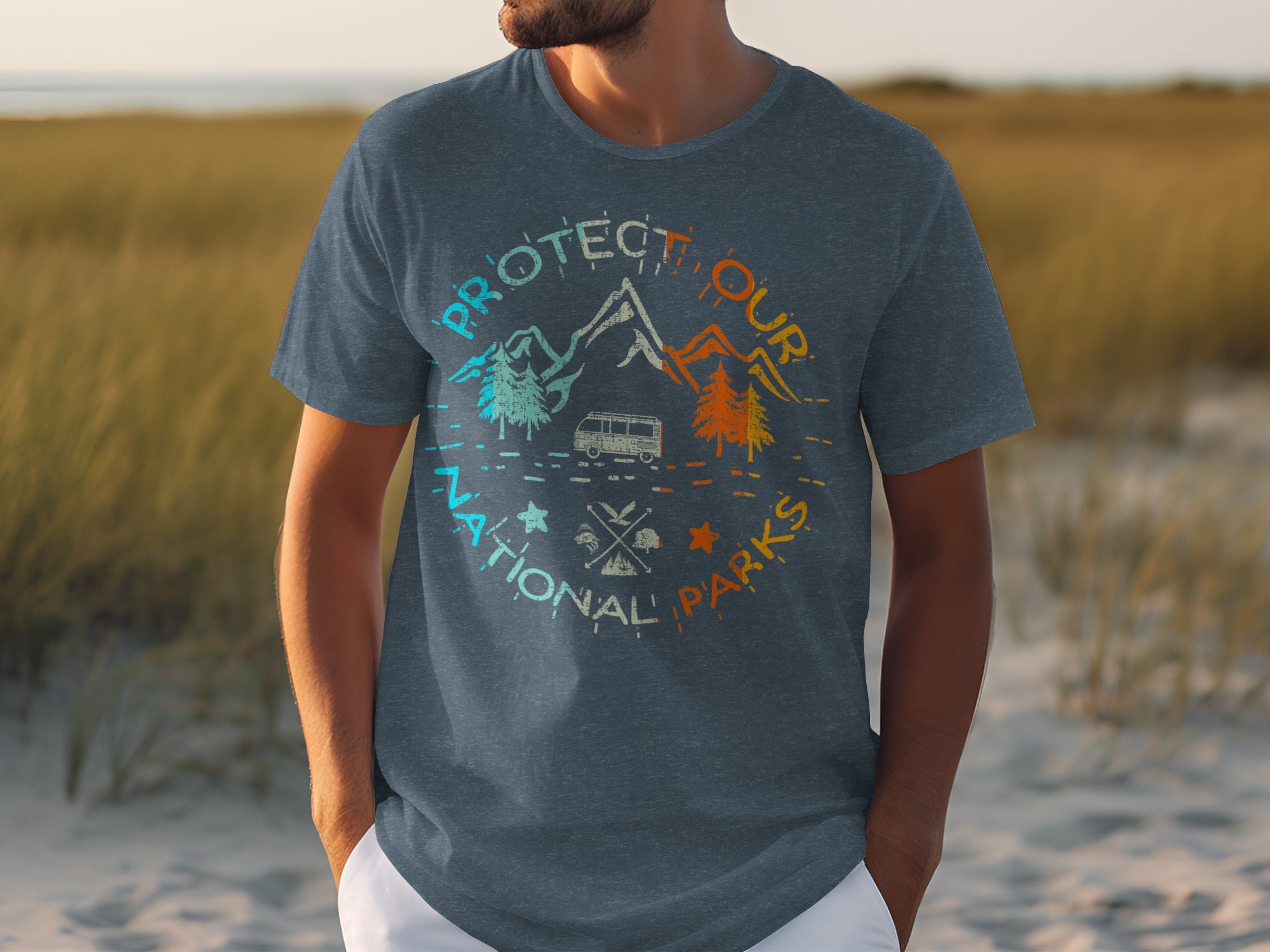 T-shirt with "Protect Our National Parks" text and mountain and van graphic.