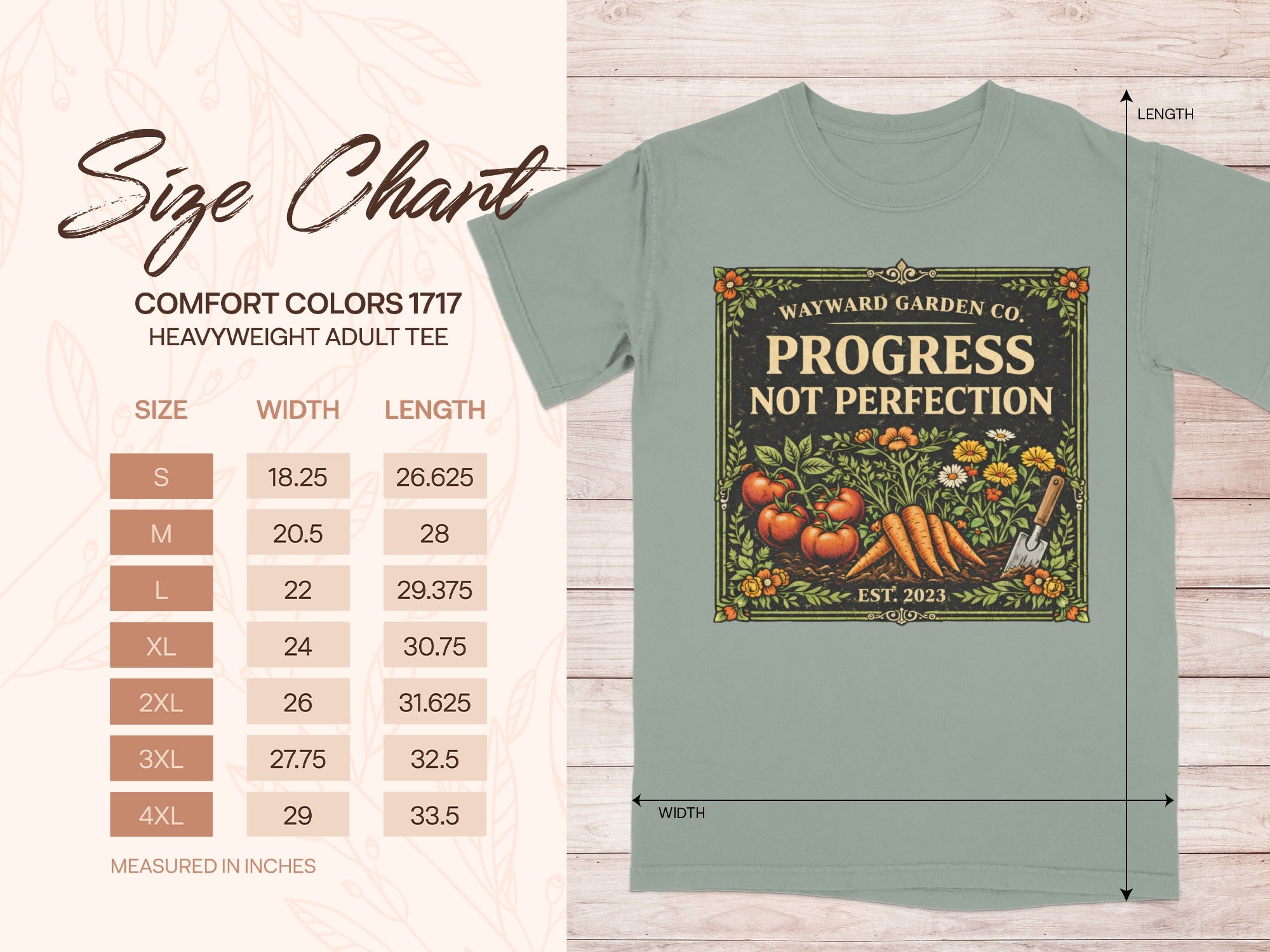 Comfort Colors 1717 size chart for heavyweight adult tee with "Progress Not Perfection" graphic.
