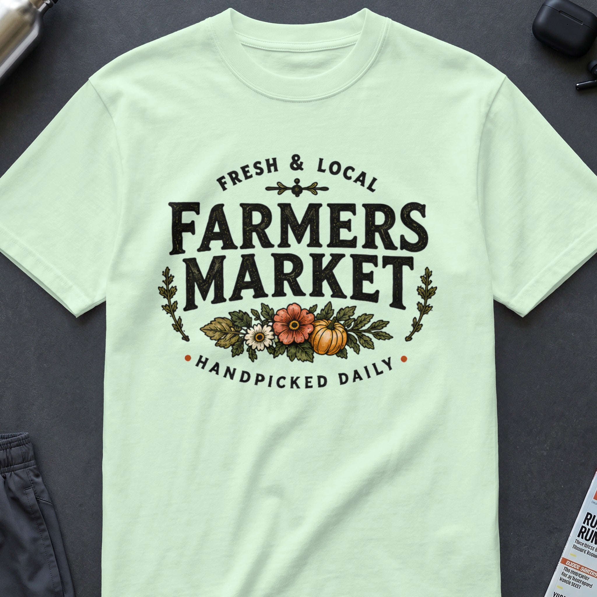 Light green t-shirt with "Farmers Market" text and floral graphic.