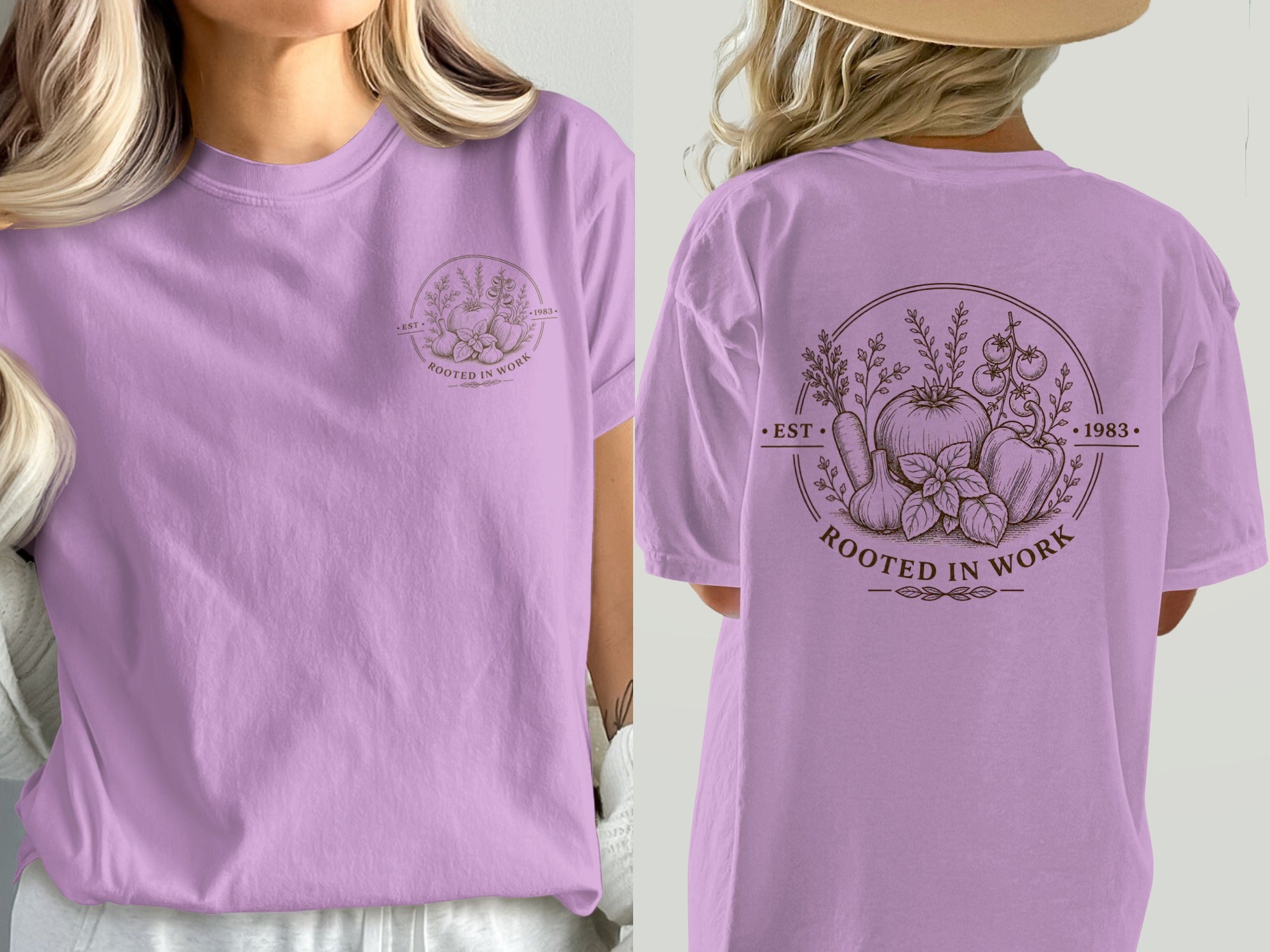 Purple t-shirt with a circular graphic of vegetables and text "EST. ROOTED IN WORK 1983."