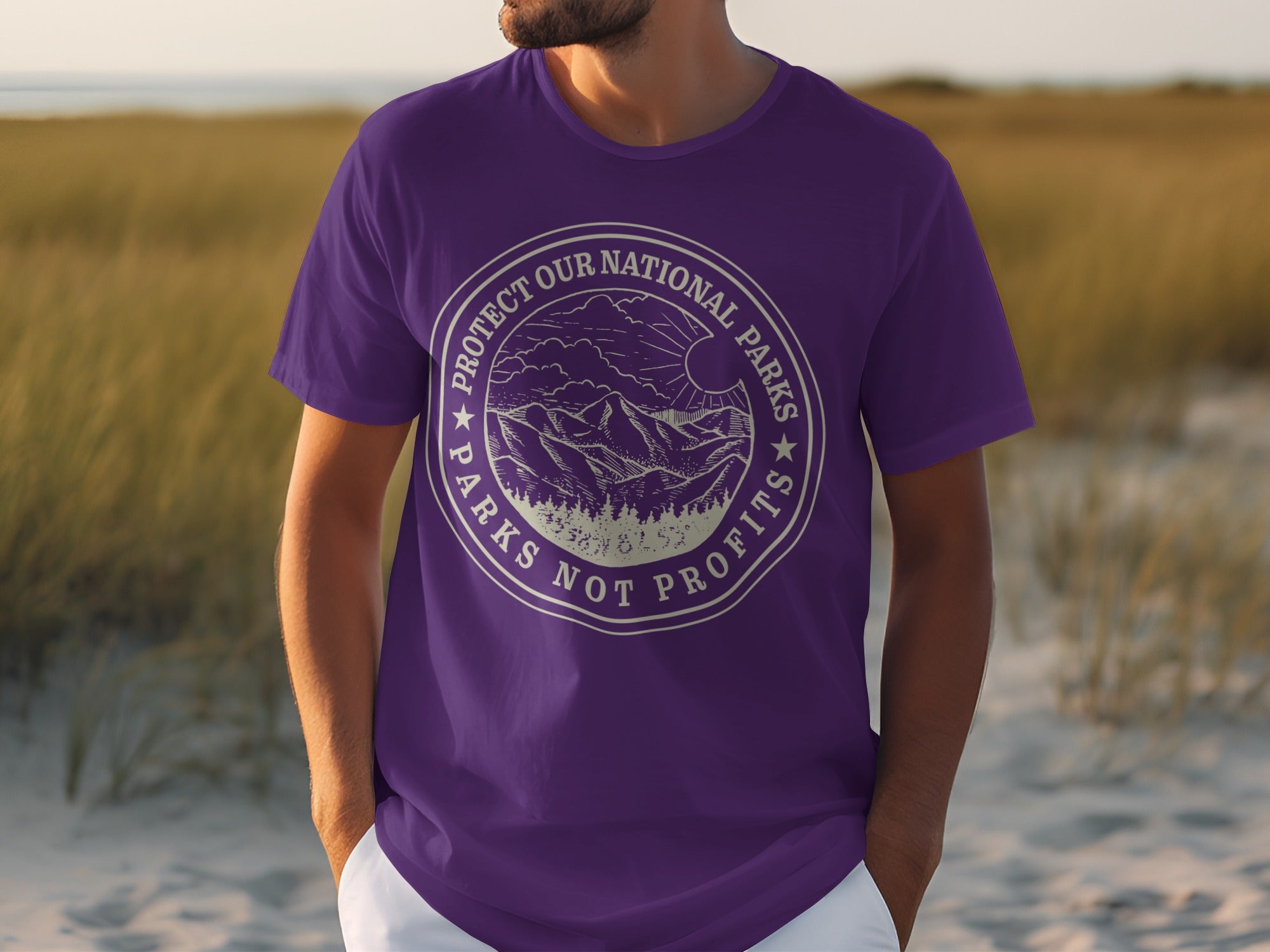 Purple t-shirt with "Protect Our National Parks Not Profits" circular graphic.