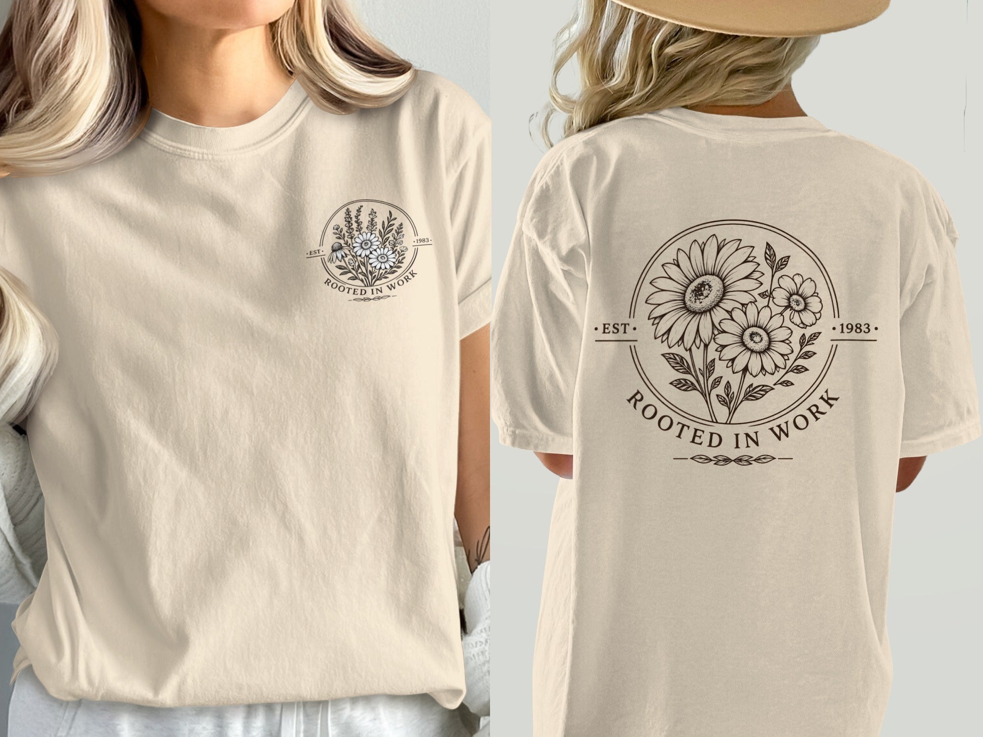 T-shirt with botanical circle graphic and "Rooted in Work 1983" text.