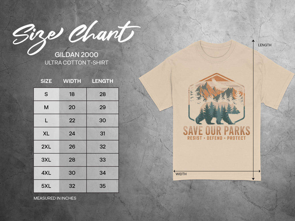 Gildan 2000 Ultra Cotton t-shirt size chart with width and length measurements in inches.