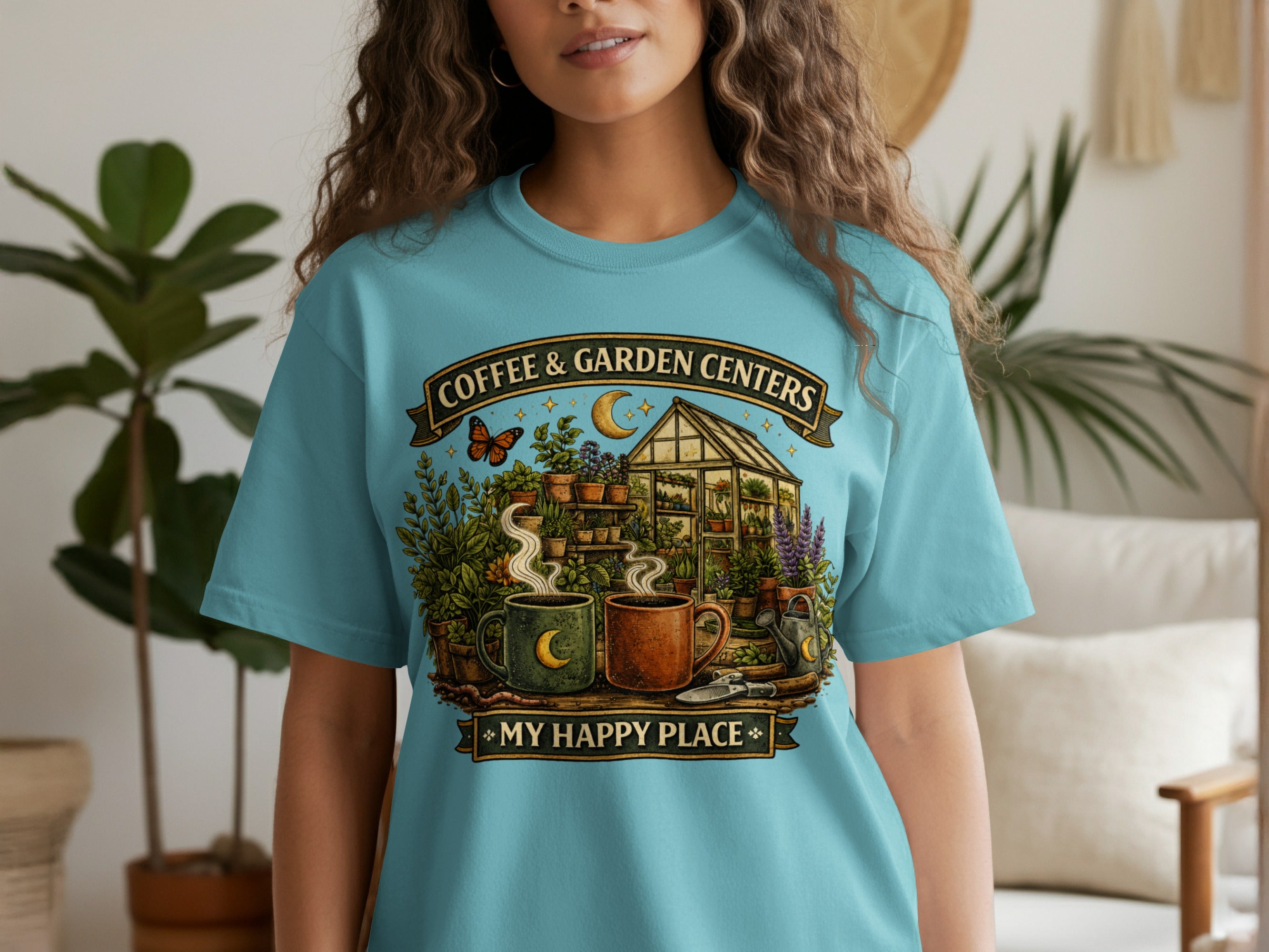 T-shirt graphic with coffee cups, greenhouse, plants, and text "Coffee & Garden Centers My Happy Place".