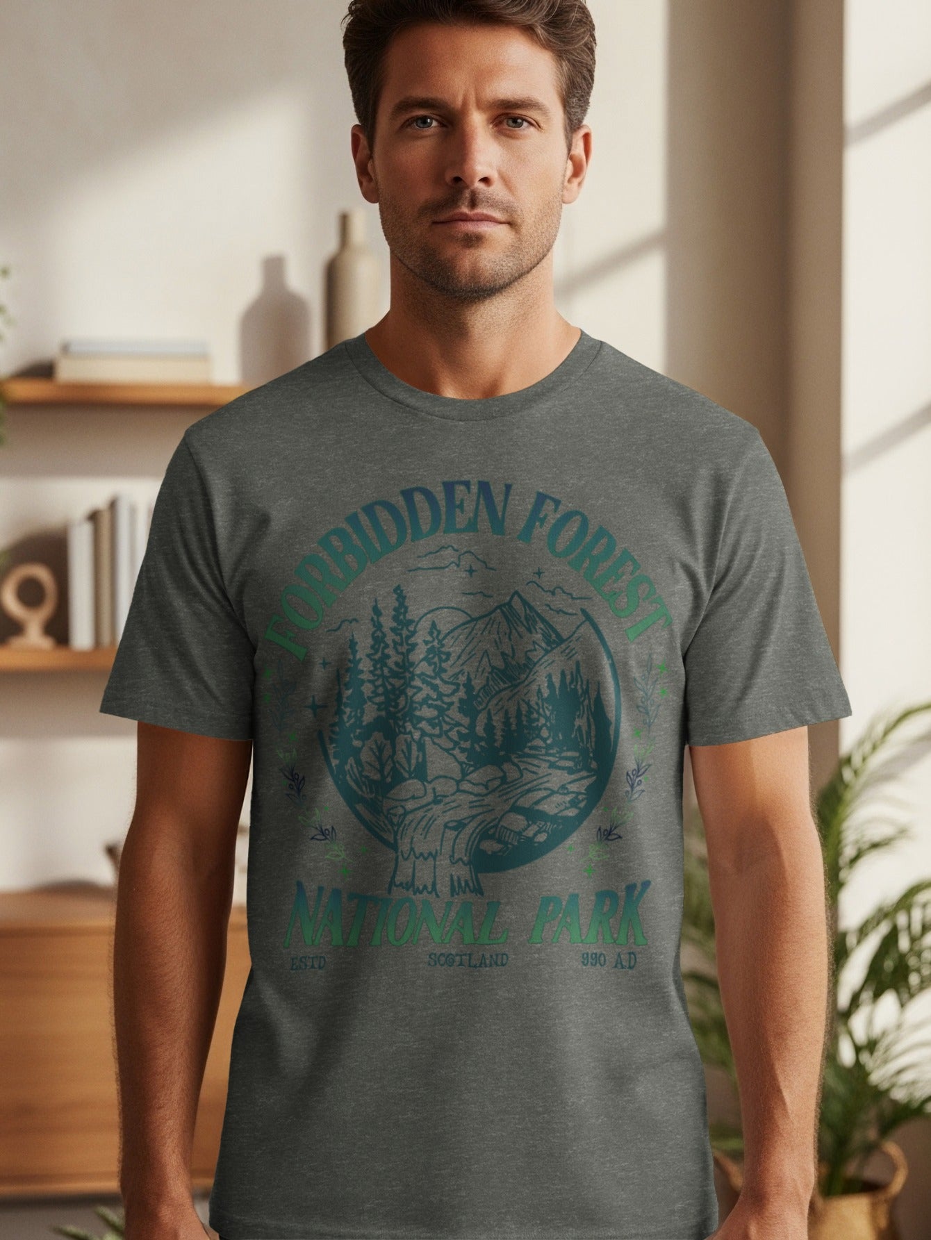 T-shirt with "Forbidden Forest National Park Scotland 990 AD" graphic design.