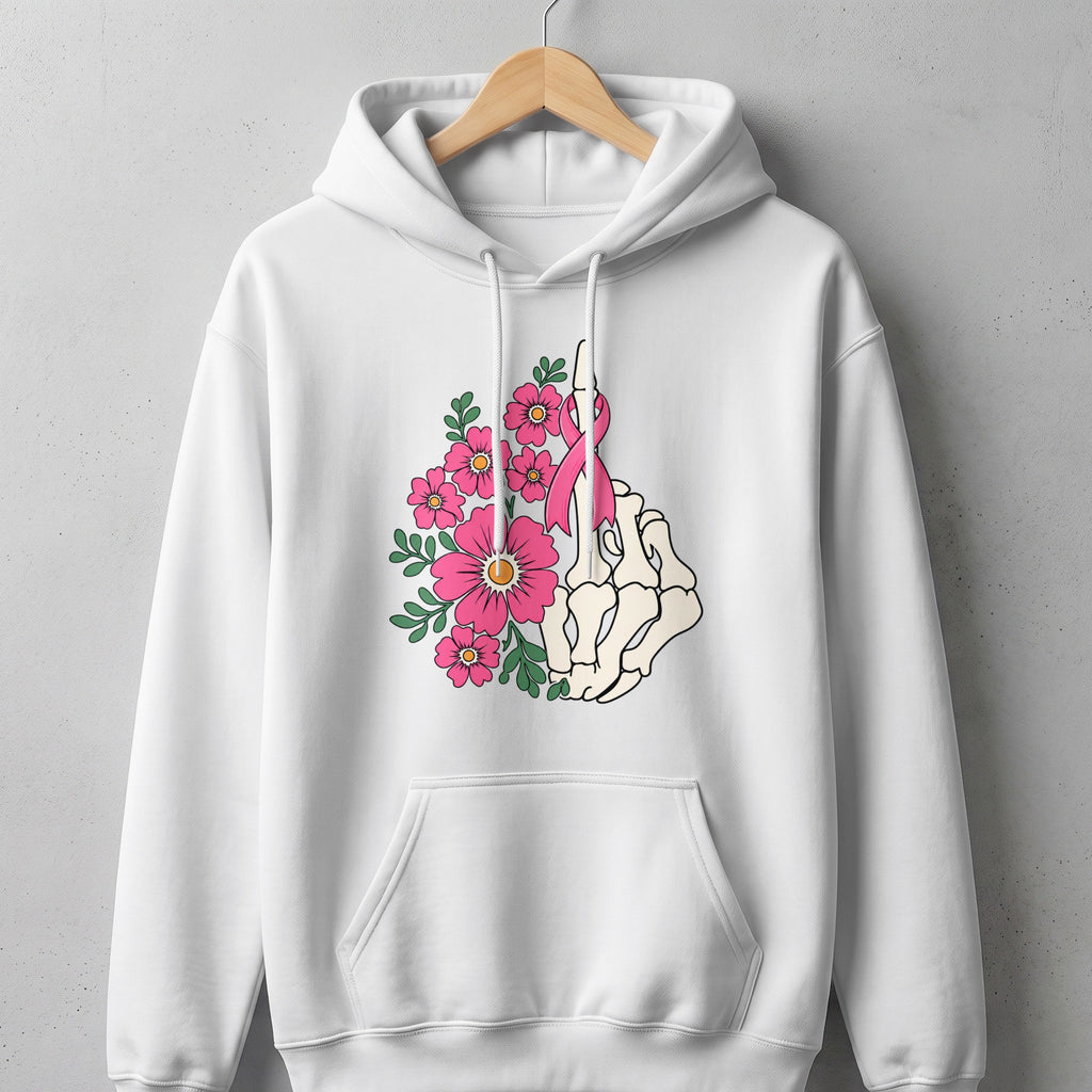 White hoodie with a skeleton hand, pink flowers, and a pink ribbon graphic.