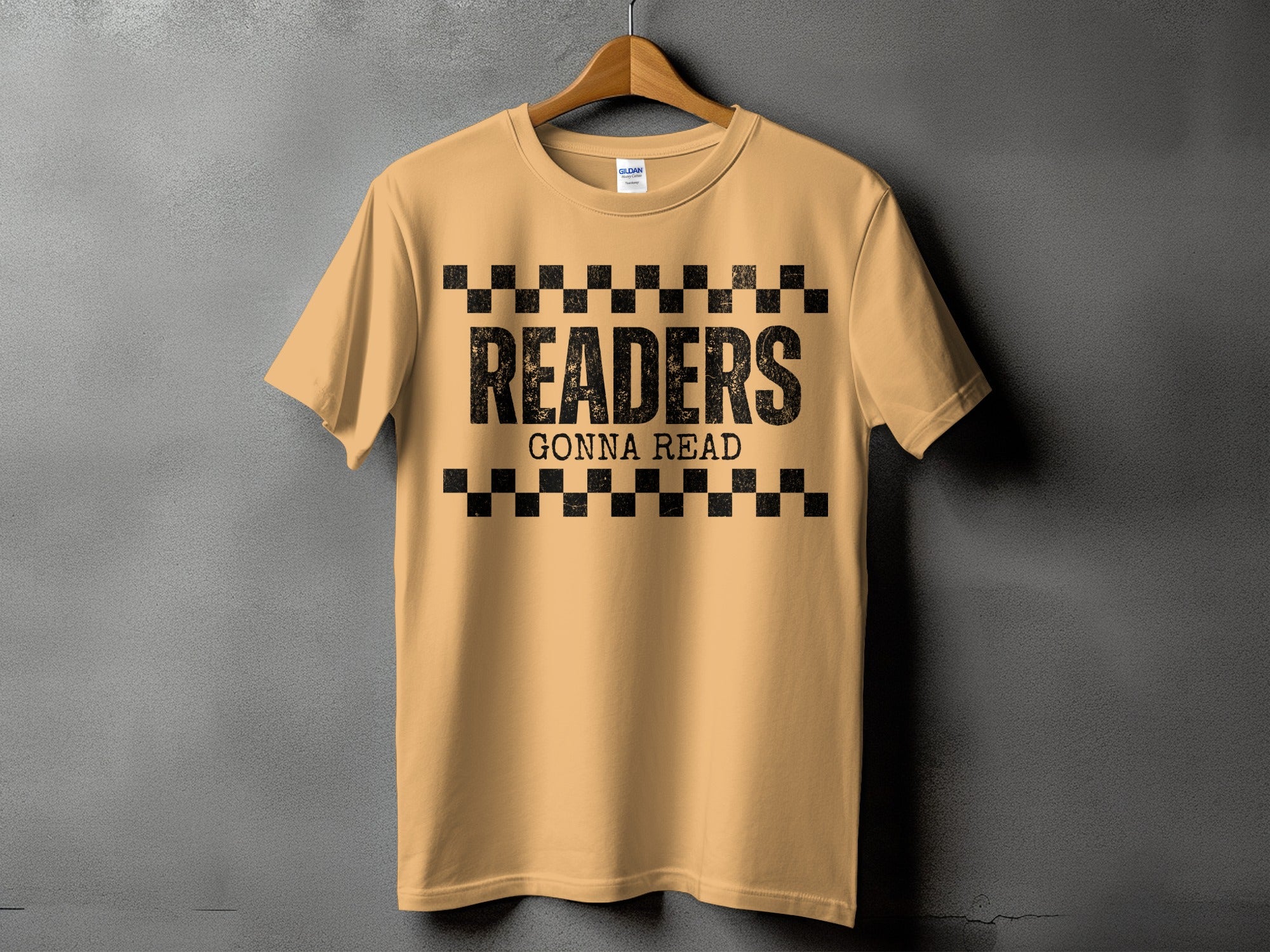 Peach t-shirt with black text reading "READERS GONNA READ" in distressed font.