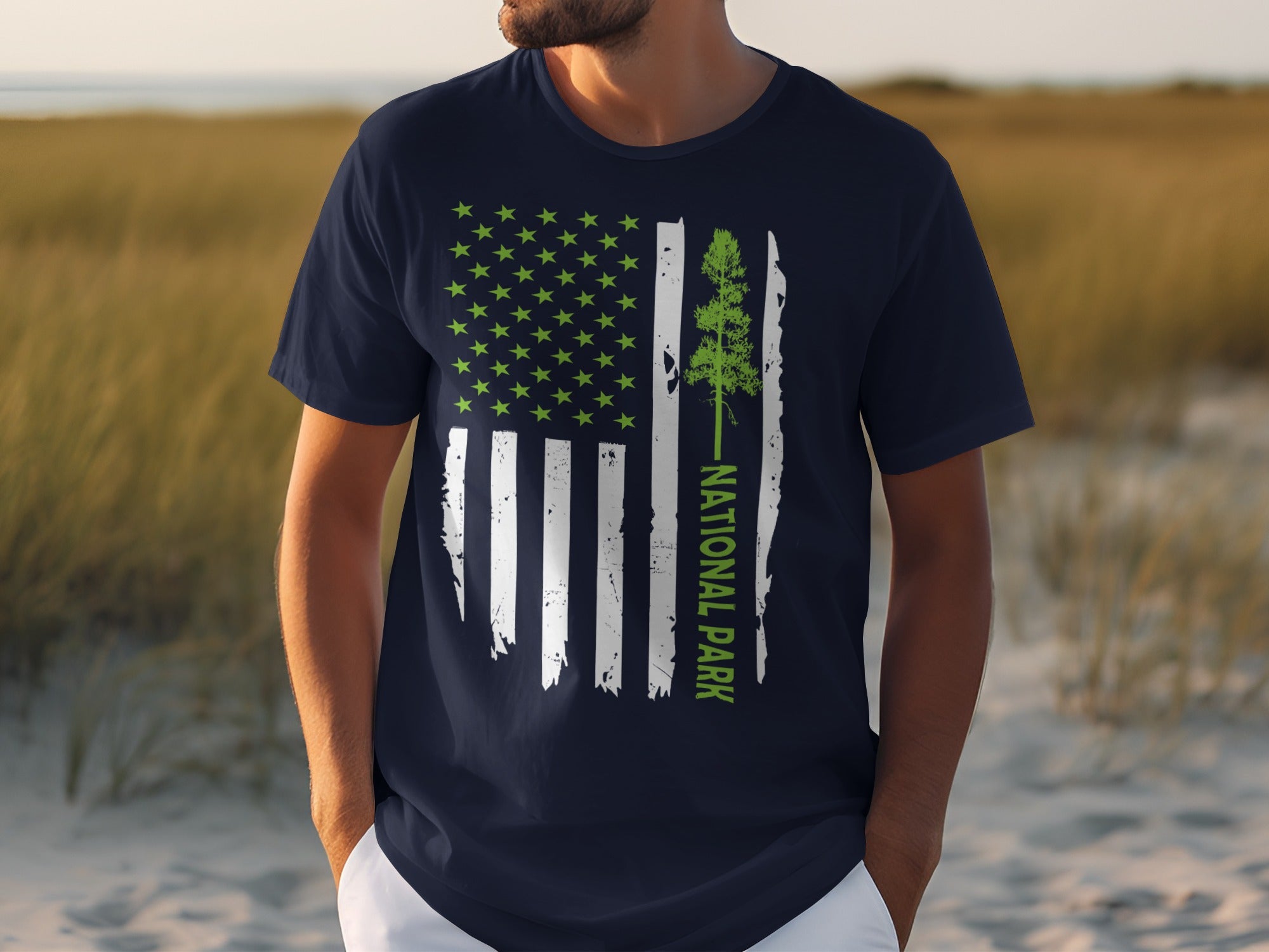 Navy t-shirt with distressed American flag design featuring a tree and "National Park" text.