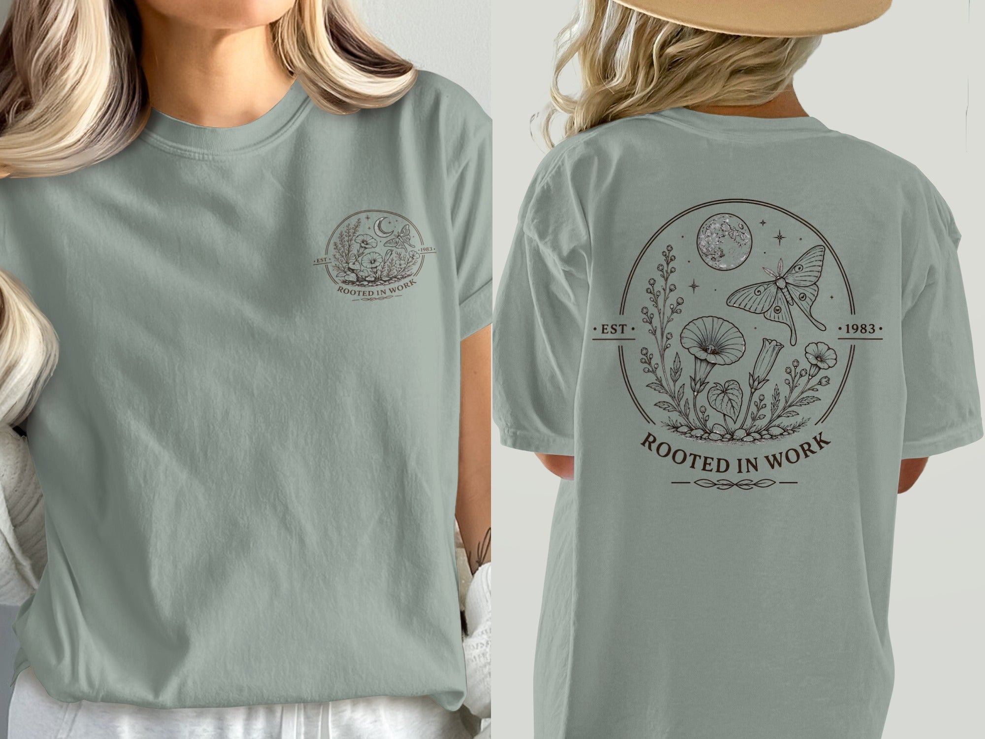 T-shirt with a central circular graphic featuring moths, moon, and "ROOTED IN WORK".