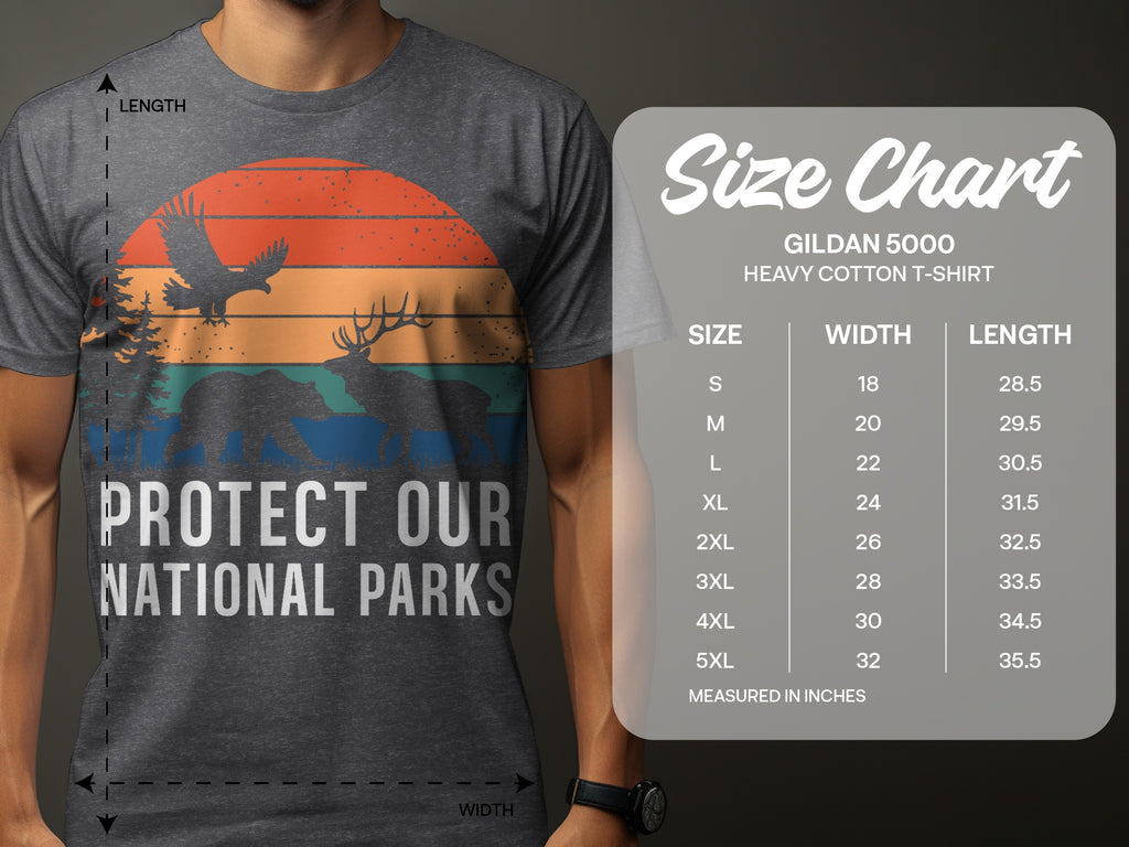 Gildan 5000 t-shirt with National Parks graphic and size chart.