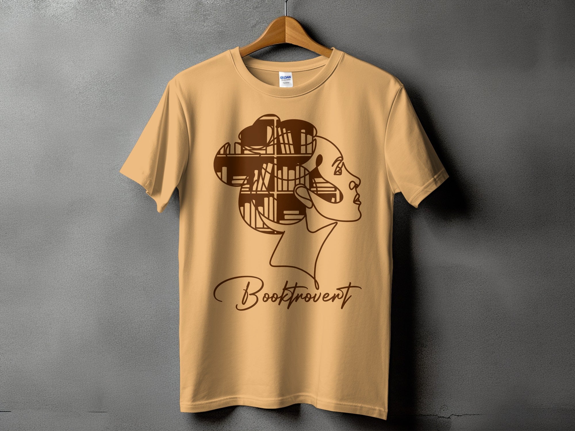 Brown outline of a woman's profile with bookshelves for hair, and "Booktrovert" text.