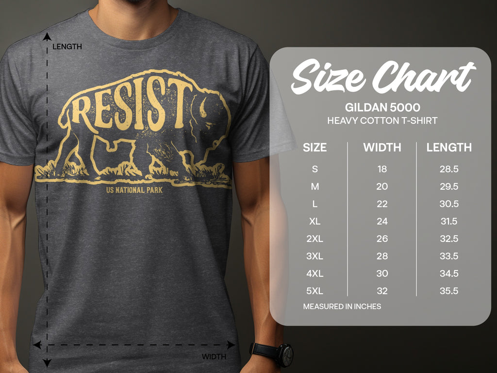 Gildan 5000 t-shirt size chart shows measurements in inches.