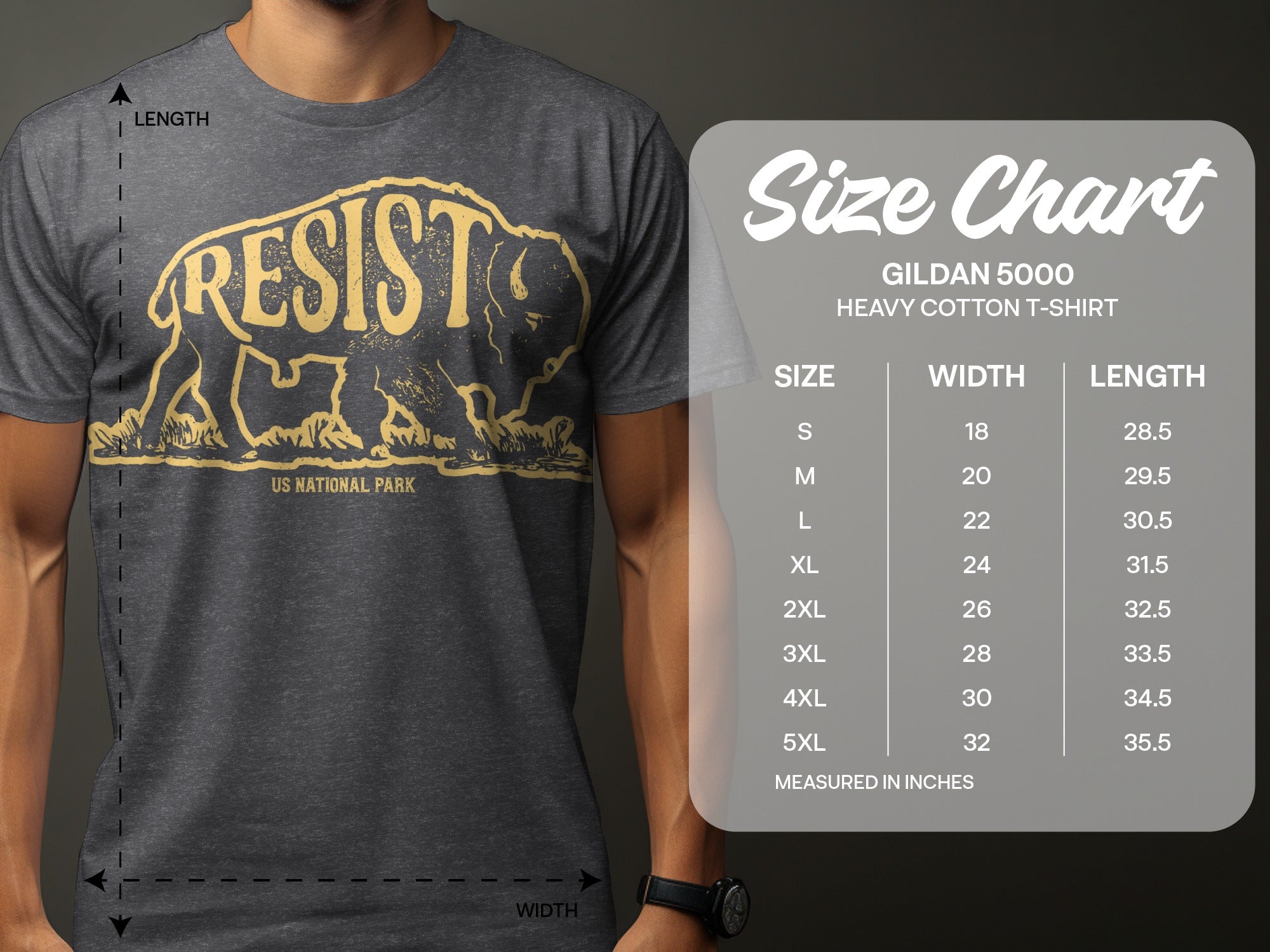 Gildan 5000 t-shirt size chart shows measurements in inches.