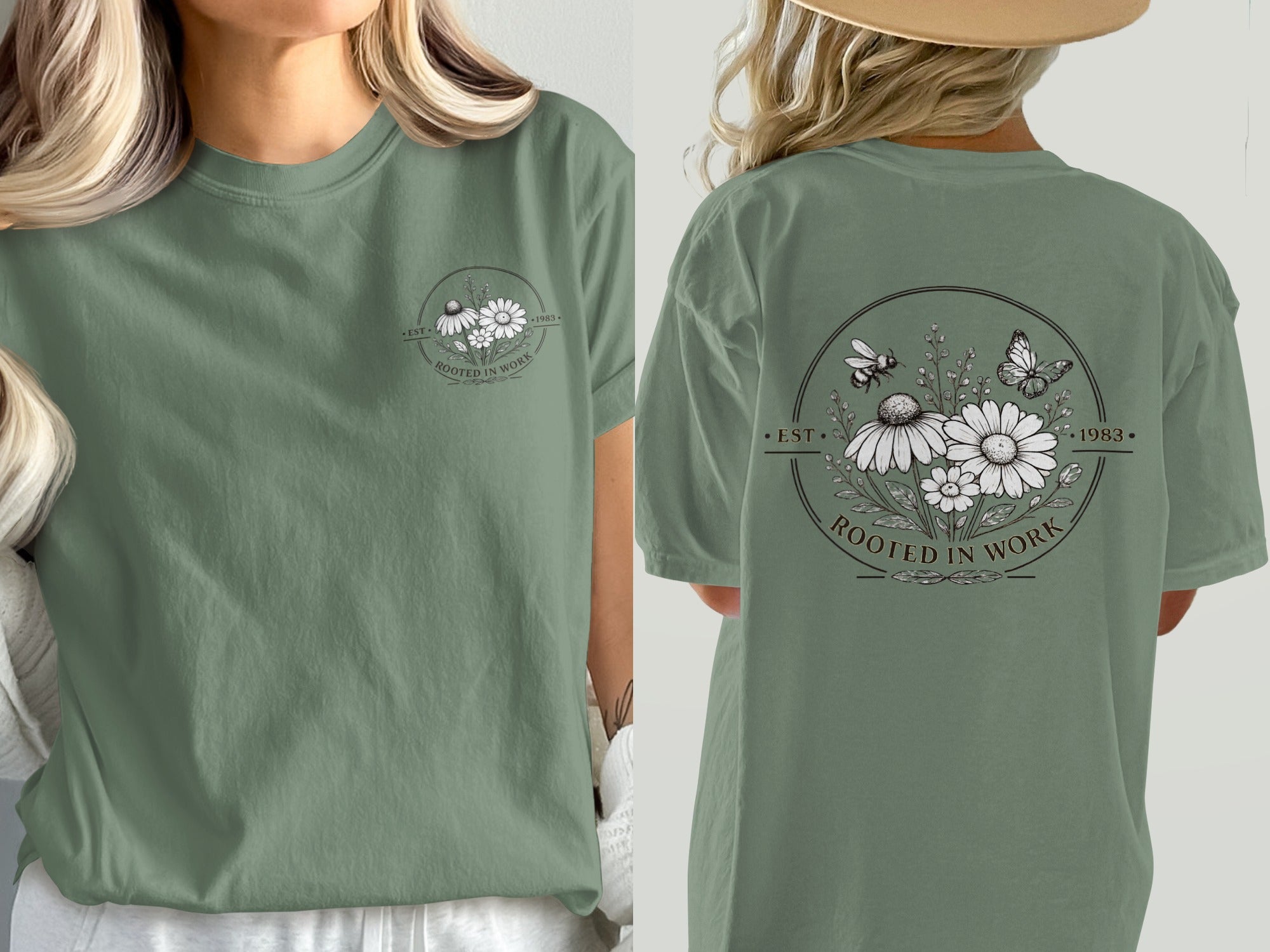 Green t-shirt with graphic of daisies, bees, butterflies, and text "ROOTED IN WORK 1983."