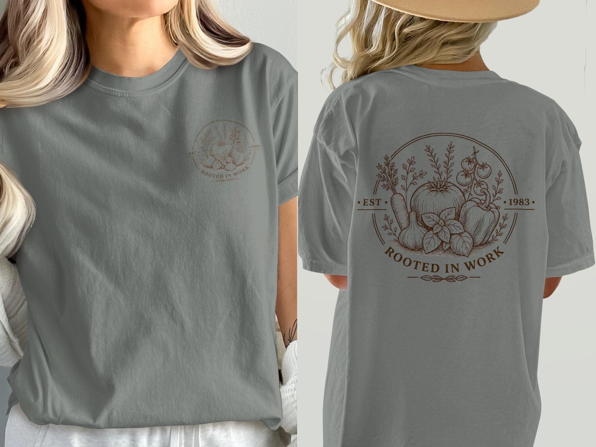 Gray t-shirt with circular garden graphic and "Rooted in Work" text.