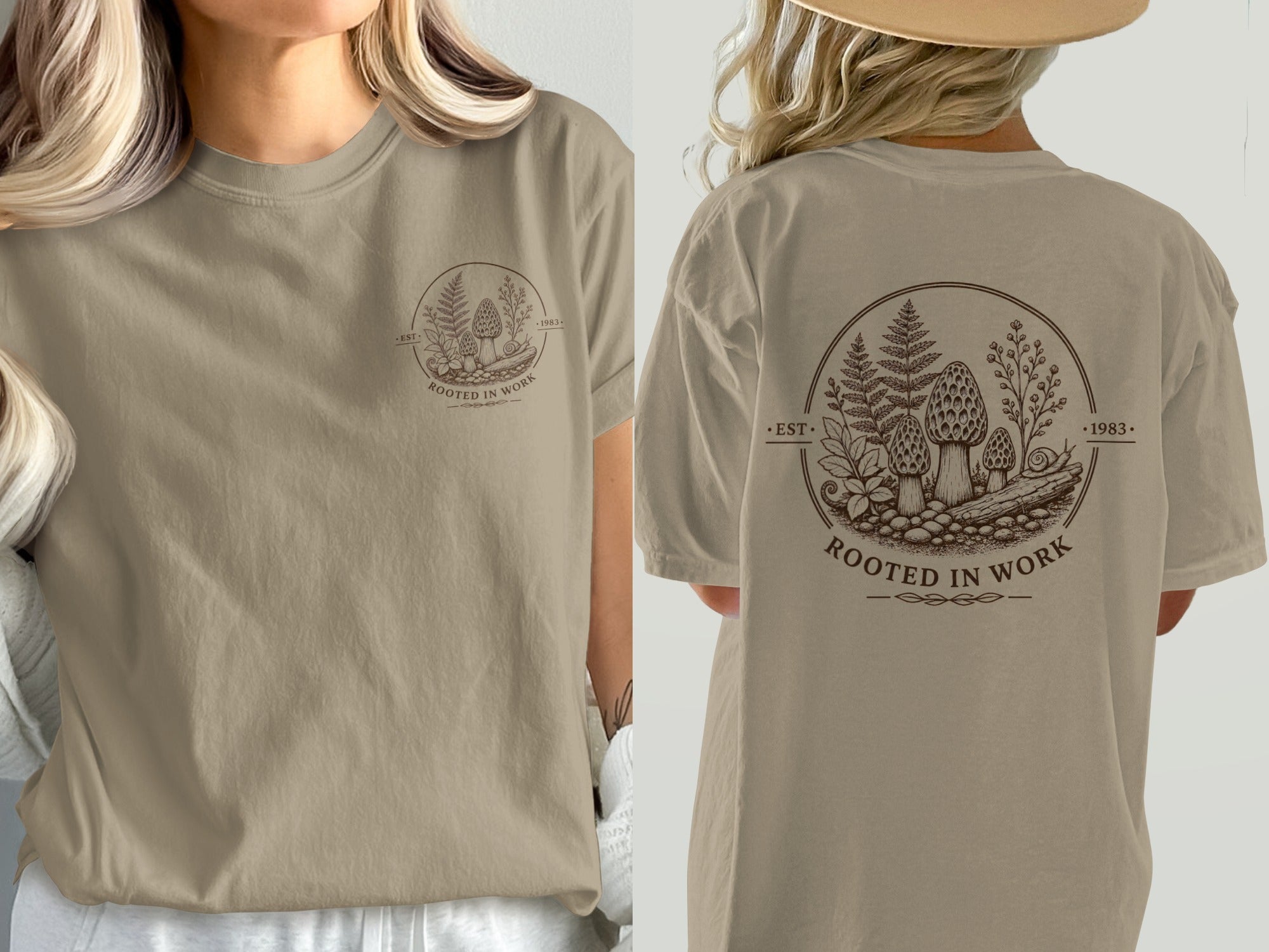 T-shirt with a circular graphic depicting mushrooms, ferns, and the text "ROOTED IN WORK": EST · 1983.