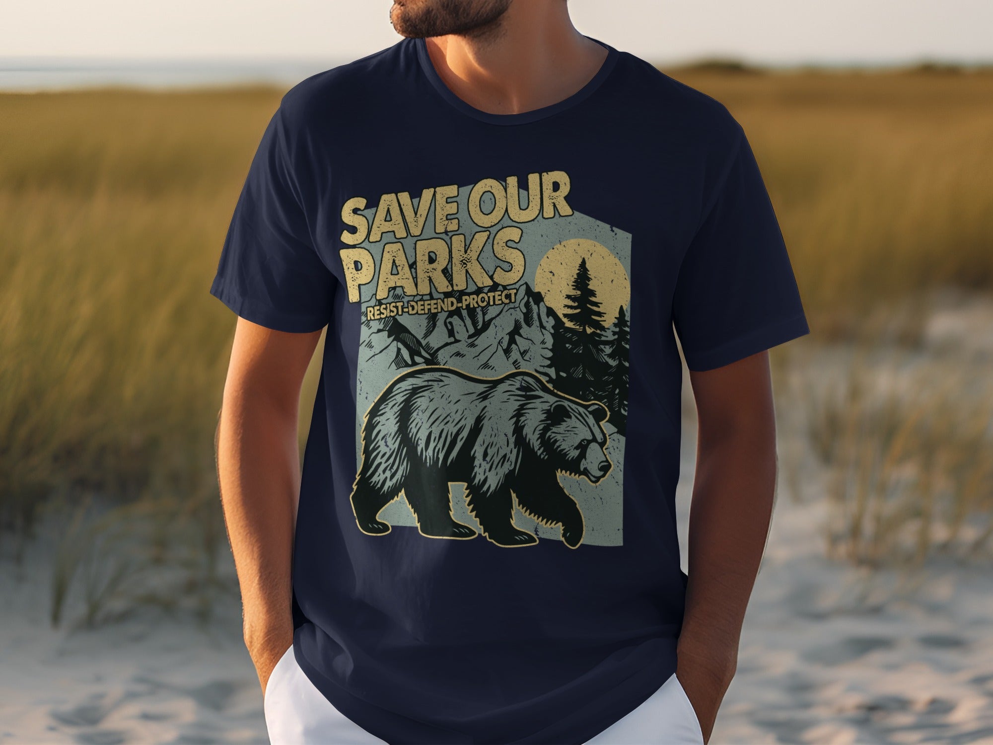 Navy t-shirt with vintage graphic: bear, mountains, trees, and text "SAVE OUR PARKS."