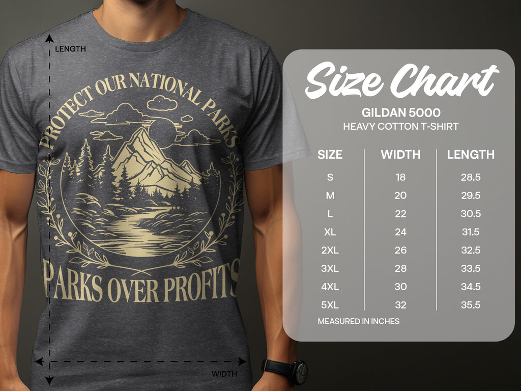Gildan 5000 size chart with width and length measurements for sizes S-5XL.