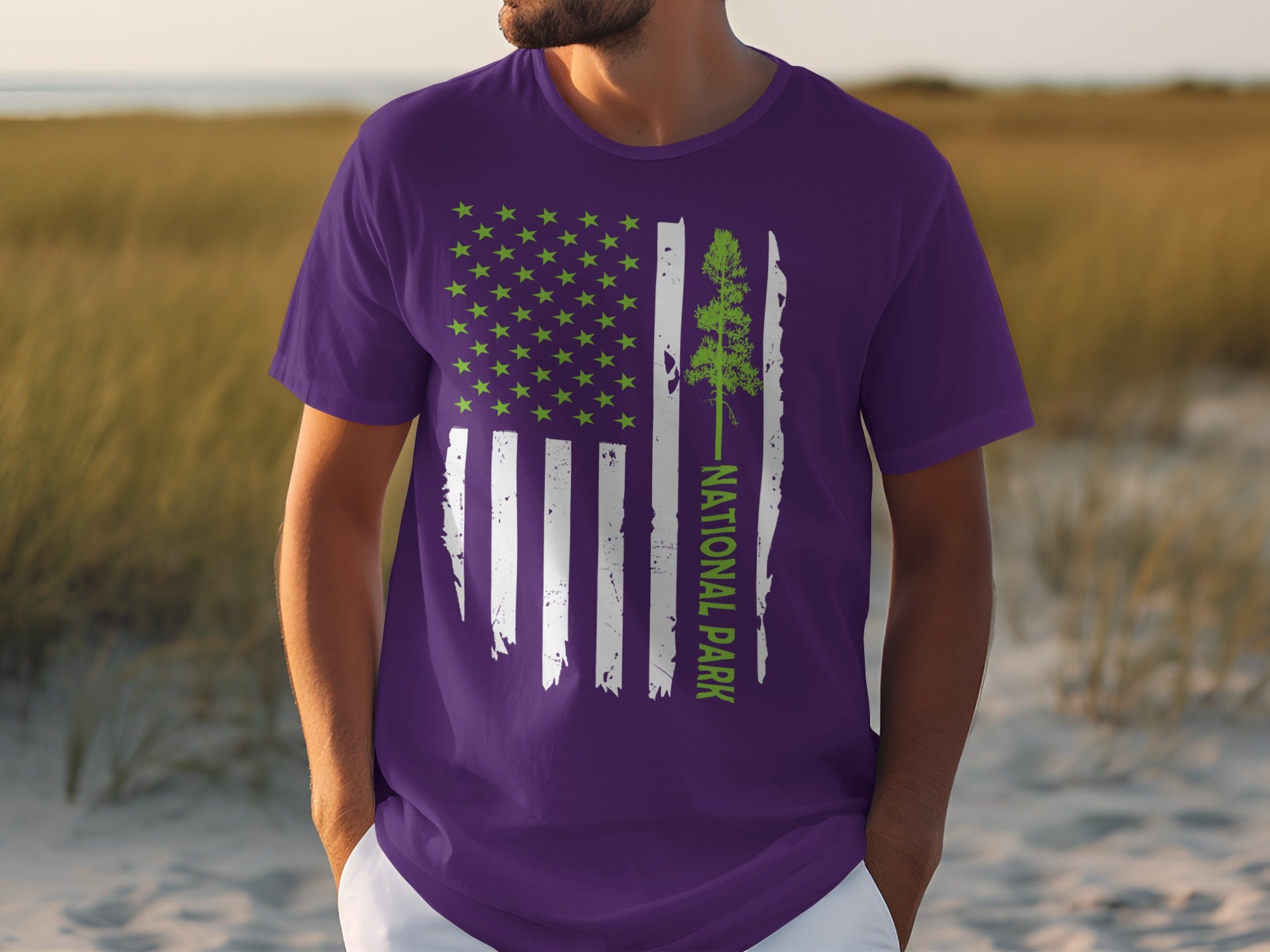 Purple t-shirt with distressed US flag graphic and "NATIONAL PARK" text.